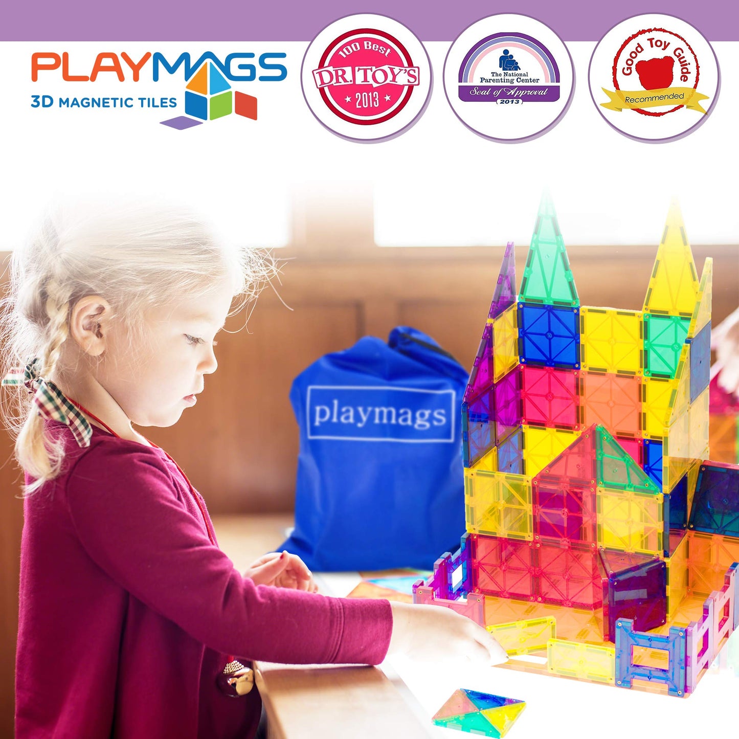 Playmags Magnetic Tiles Train Car Set – 55-Piece STEM Building Blocks with 4 Cars