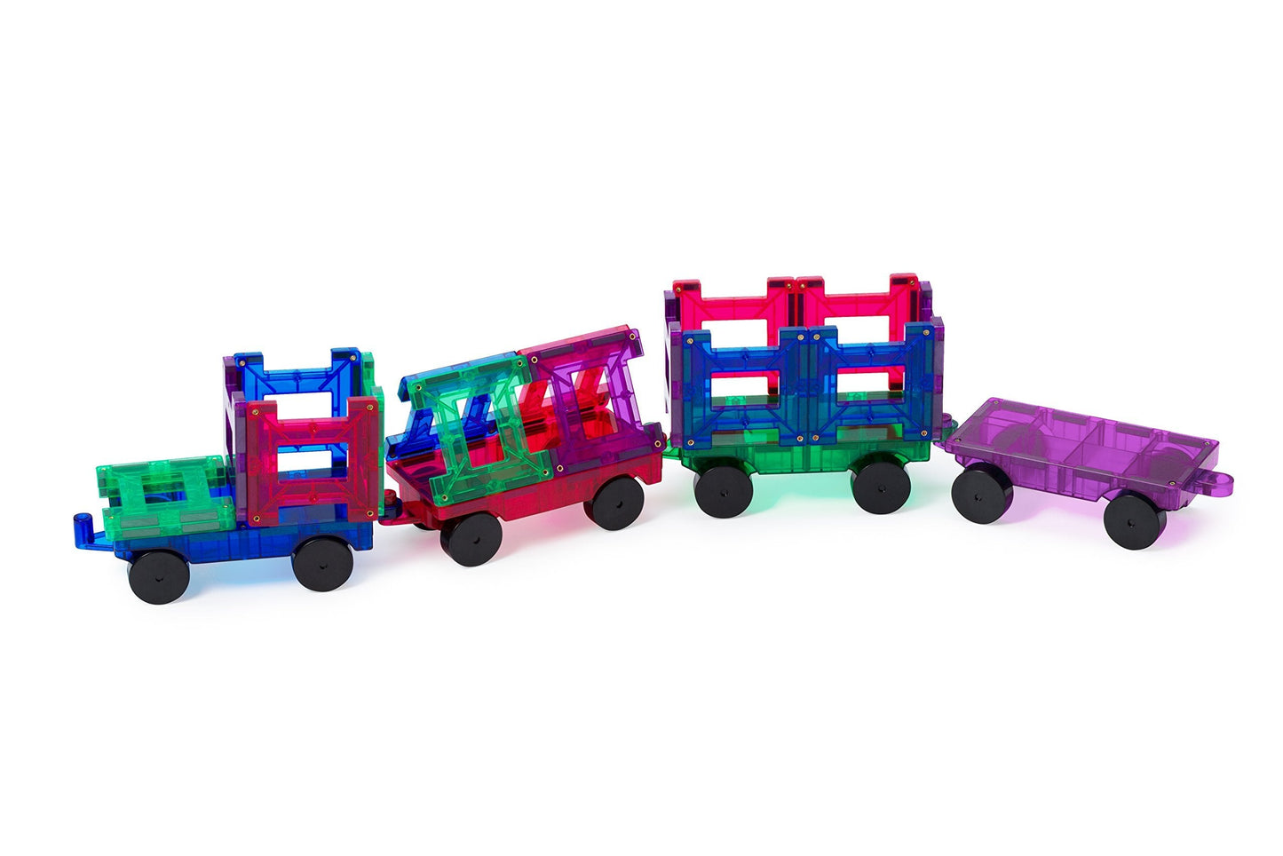 Playmags Magnetic Tiles Train Car Set – 55-Piece STEM Building Blocks with 4 Cars