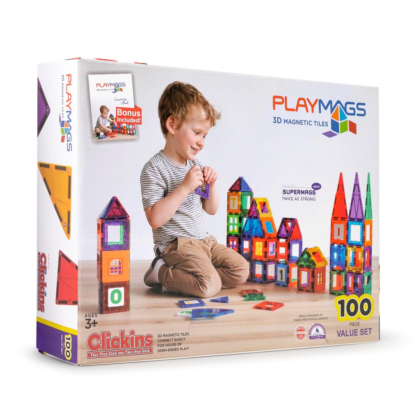 Playmags Magnetic Tiles for Kids – 100-Piece STEM Building Set for Toddlers & Preschool