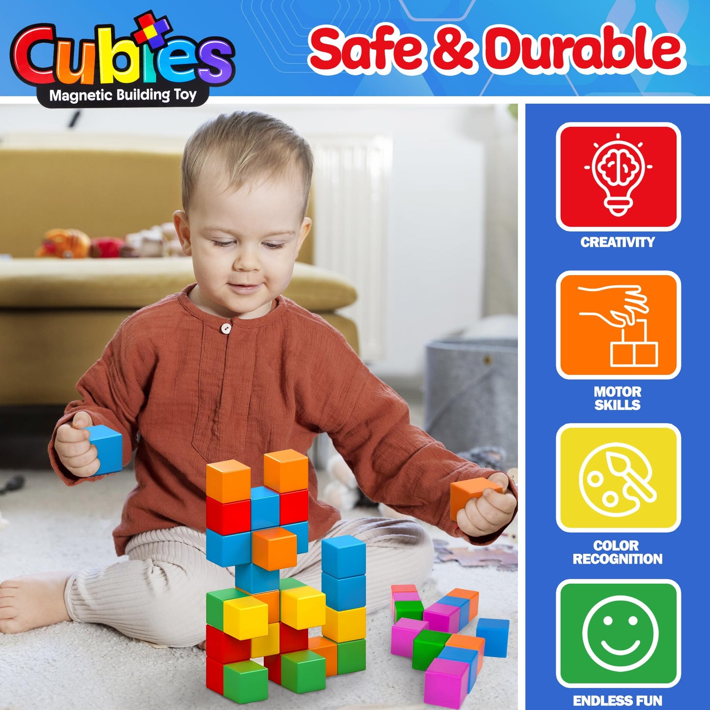 Playmags Magnetic Blocks Building Toy – 64pc STEM Set for Toddlers & Kids