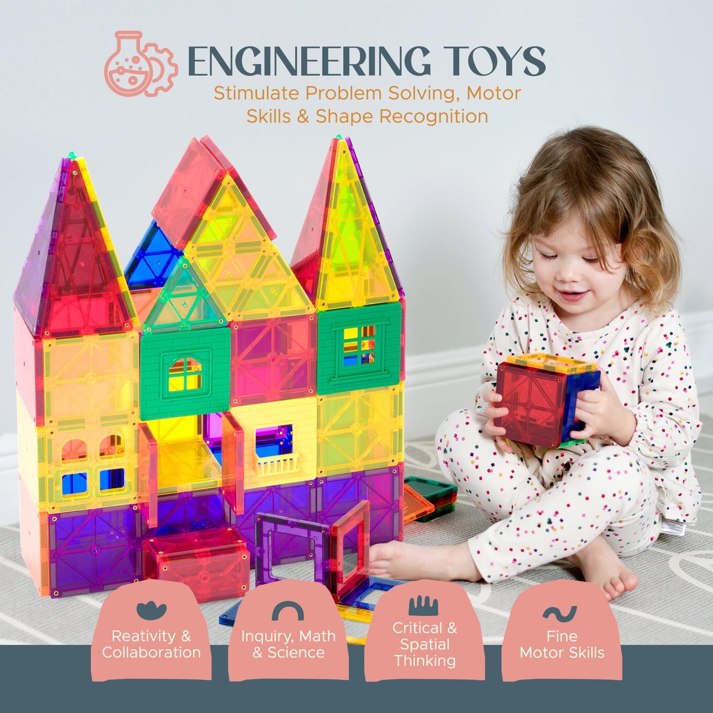 Playmags Magnetic Tiles for Kids – 100-Piece STEM Building Set for Toddlers & Preschool