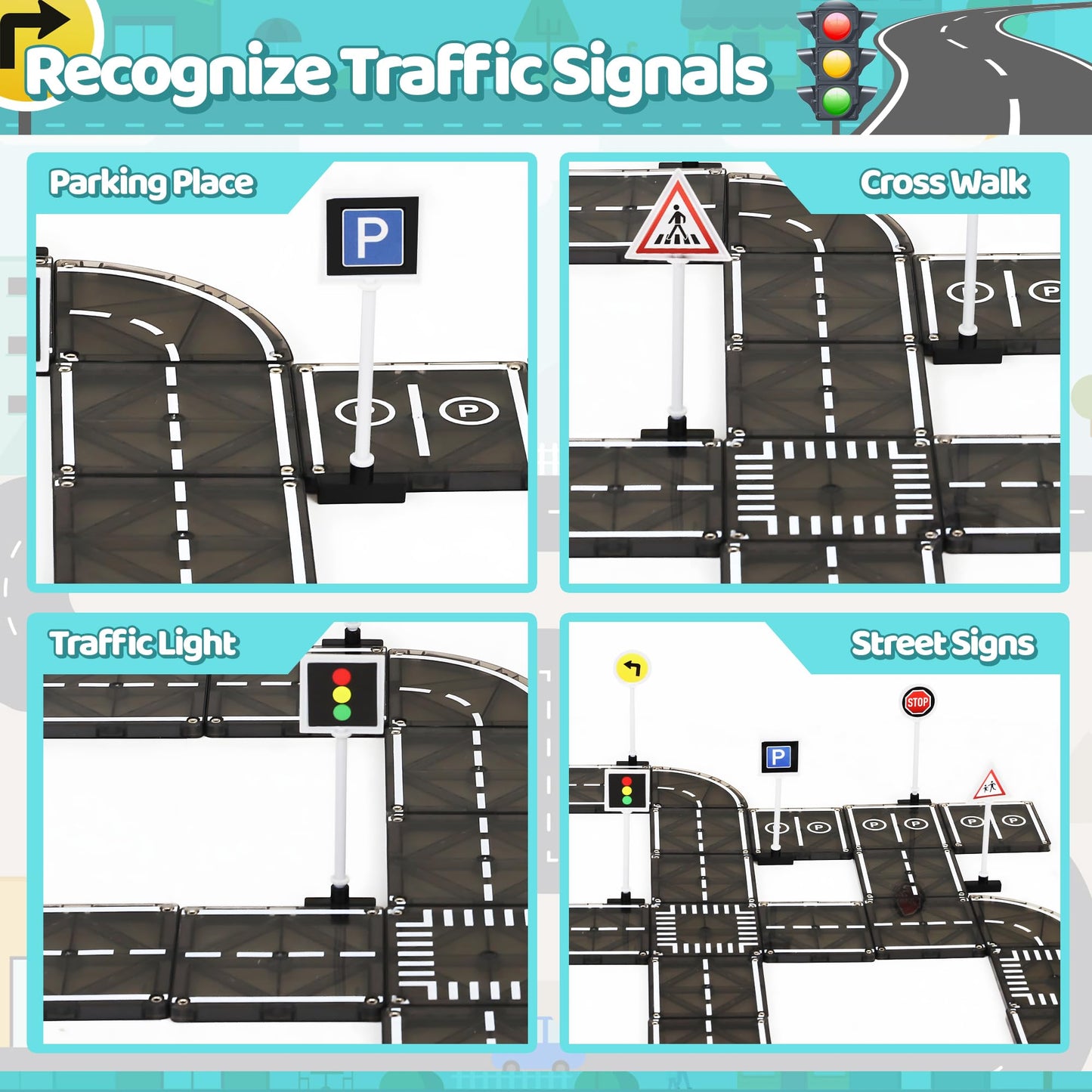 Playmags Magnetic Tile Road Set — 50 Pcs STEM Car Track & Building Tiles