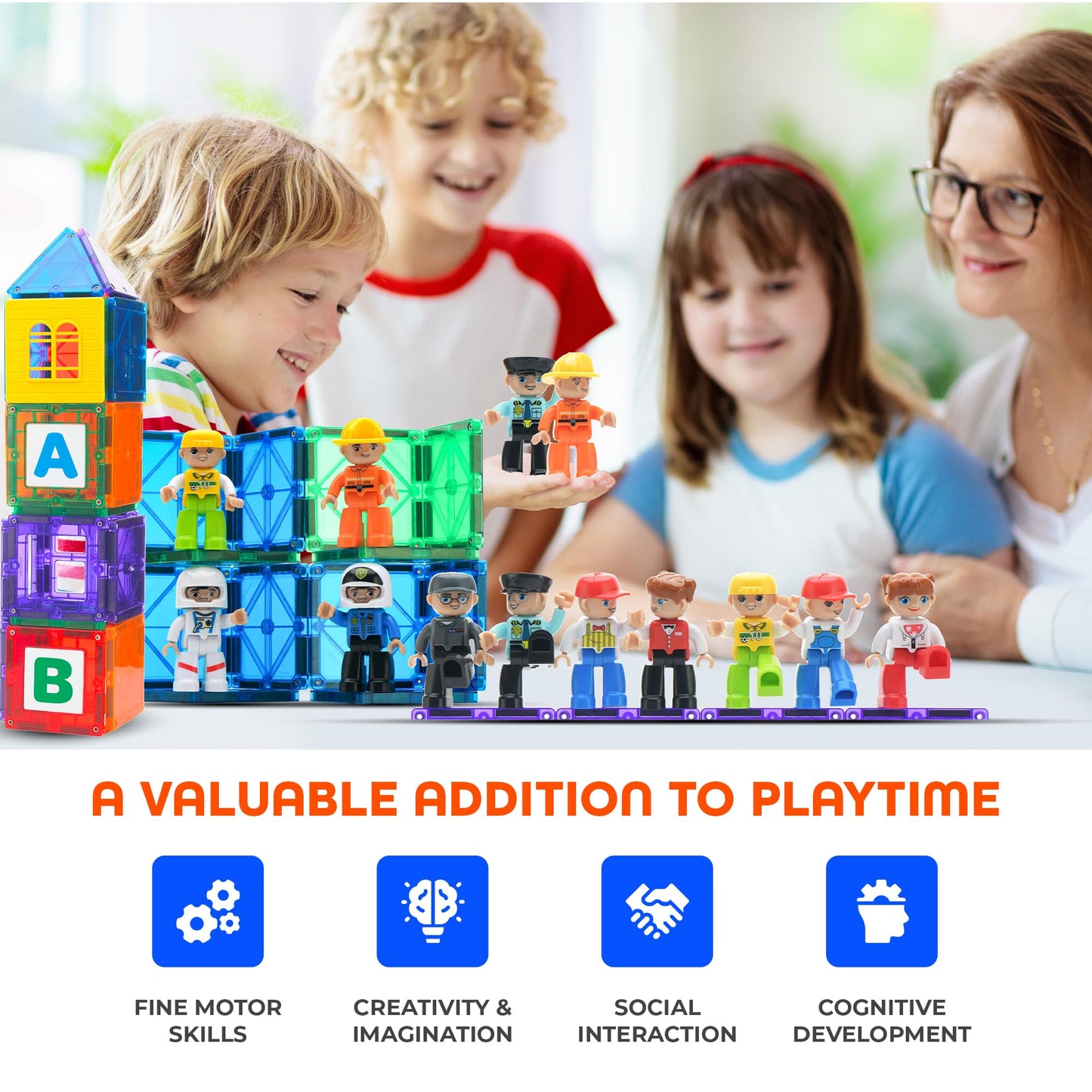 Playmags Large Magnetic Figures – 15-Piece Community Set for Magnetic Tiles & STEM Play
