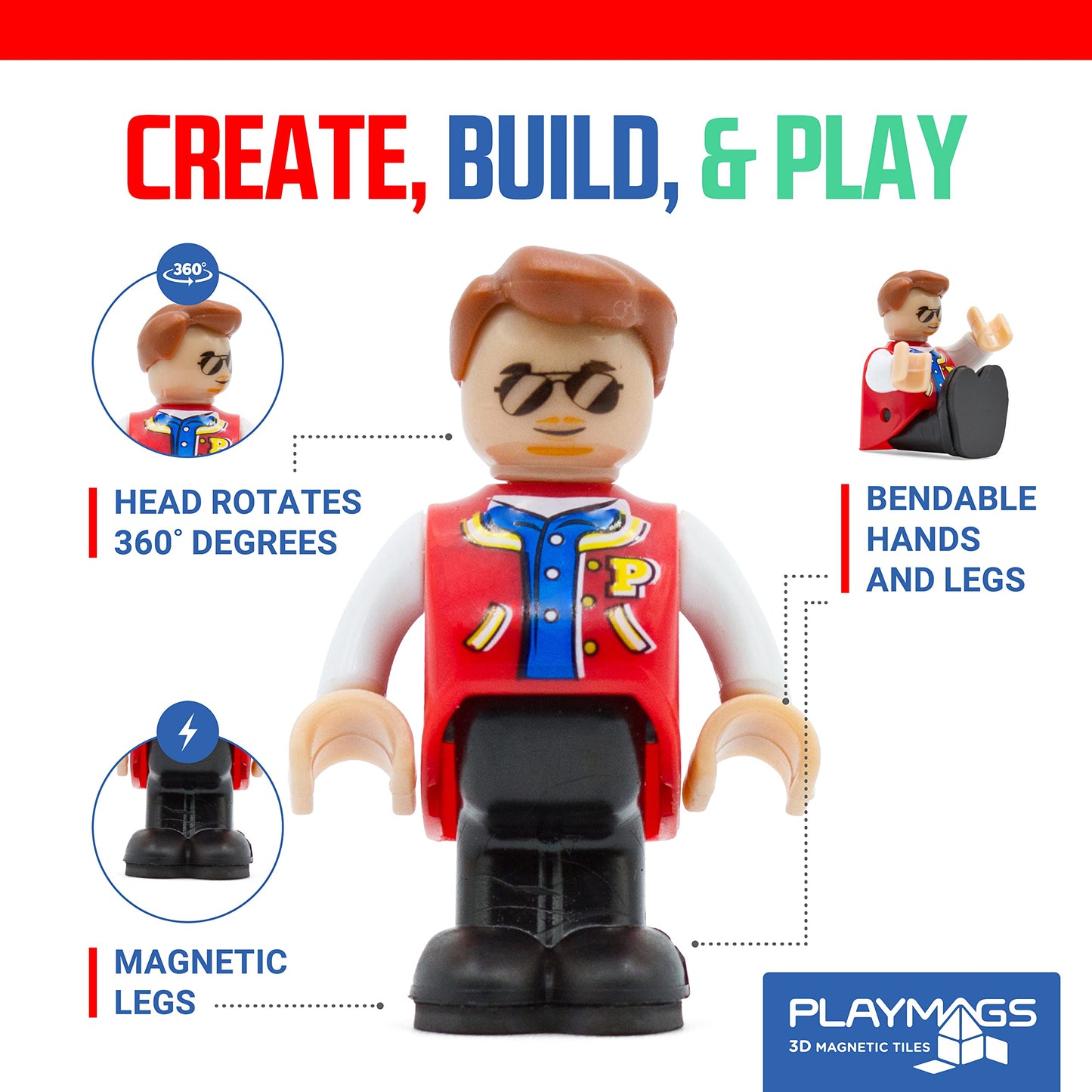 Playmags Magnetic Figures Community Set – 15-Piece Play People for Magnetic Tiles & STEM Learning