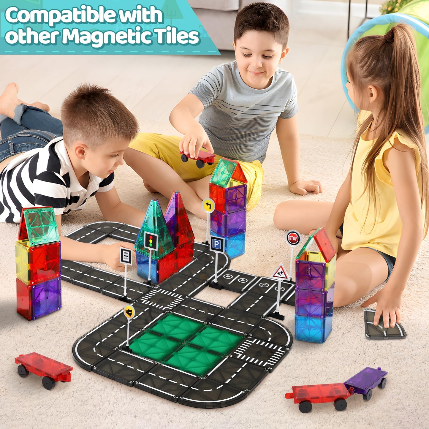 Playmags Magnetic Tile Road Set — 50 Pcs STEM Car Track & Building Tiles