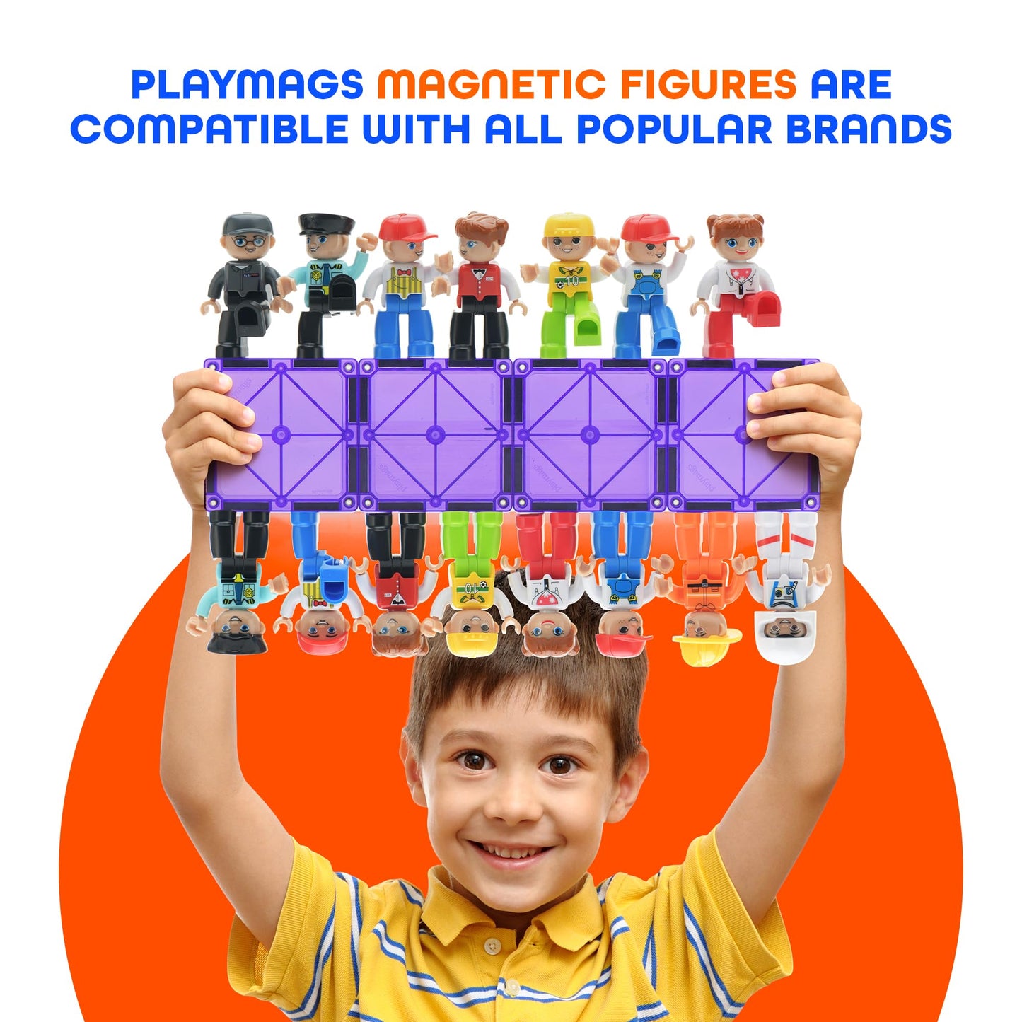 Playmags Large Magnetic Figures – 15-Piece Community Set for Magnetic Tiles & STEM Play
