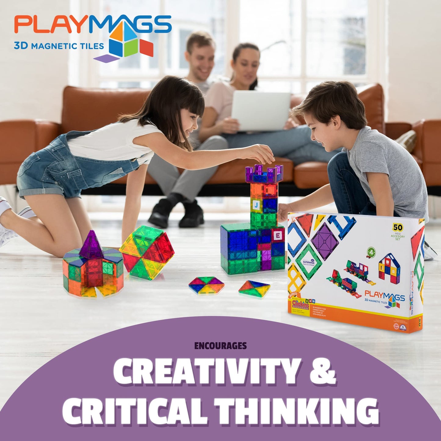 Playmags Magnetic Tiles Train Car Set – 55-Piece STEM Building Blocks with 4 Cars