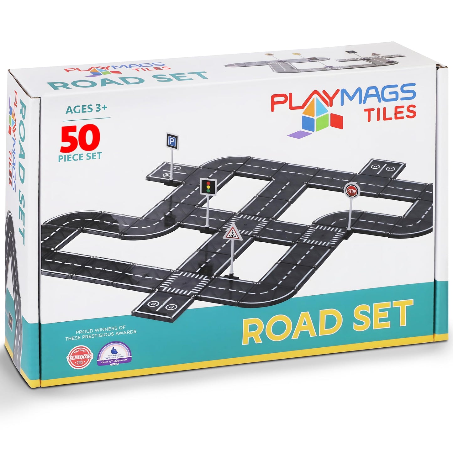 Playmags Magnetic Tile Road Set — 50 Pcs STEM Car Track & Building Tiles