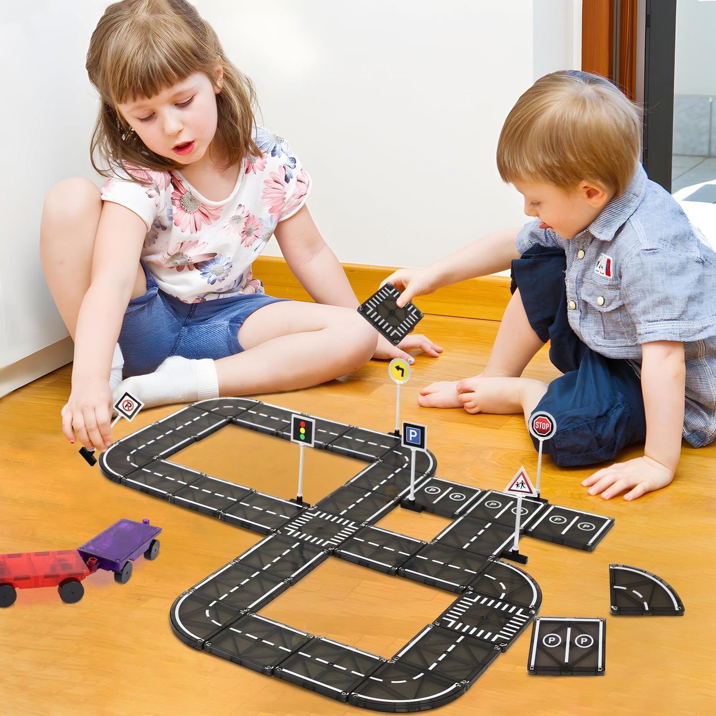 Playmags Magnetic Tile Road Set — 50 Pcs STEM Car Track & Building Tiles