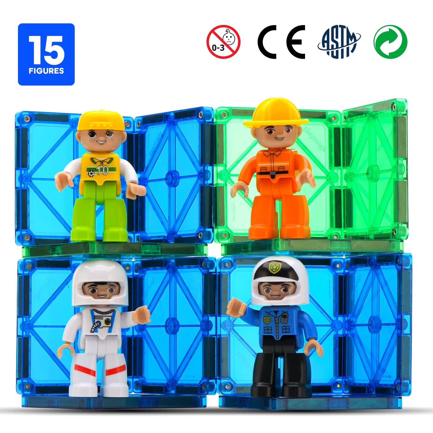 Playmags Large Magnetic Figures – 15-Piece Community Set for Magnetic Tiles & STEM Play
