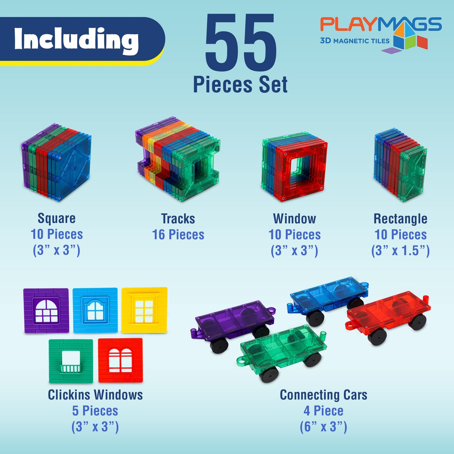 Playmags Magnetic Tiles Train Car Set – 55-Piece STEM Building Blocks with 4 Cars