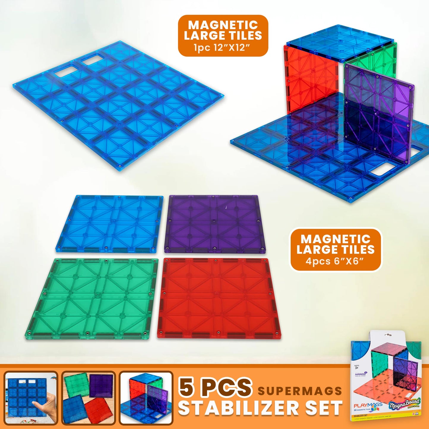 Playmags Super Durable Building Stabilizer Set — 12x12 Board + 4x6 Boards, Compatible with All Brands