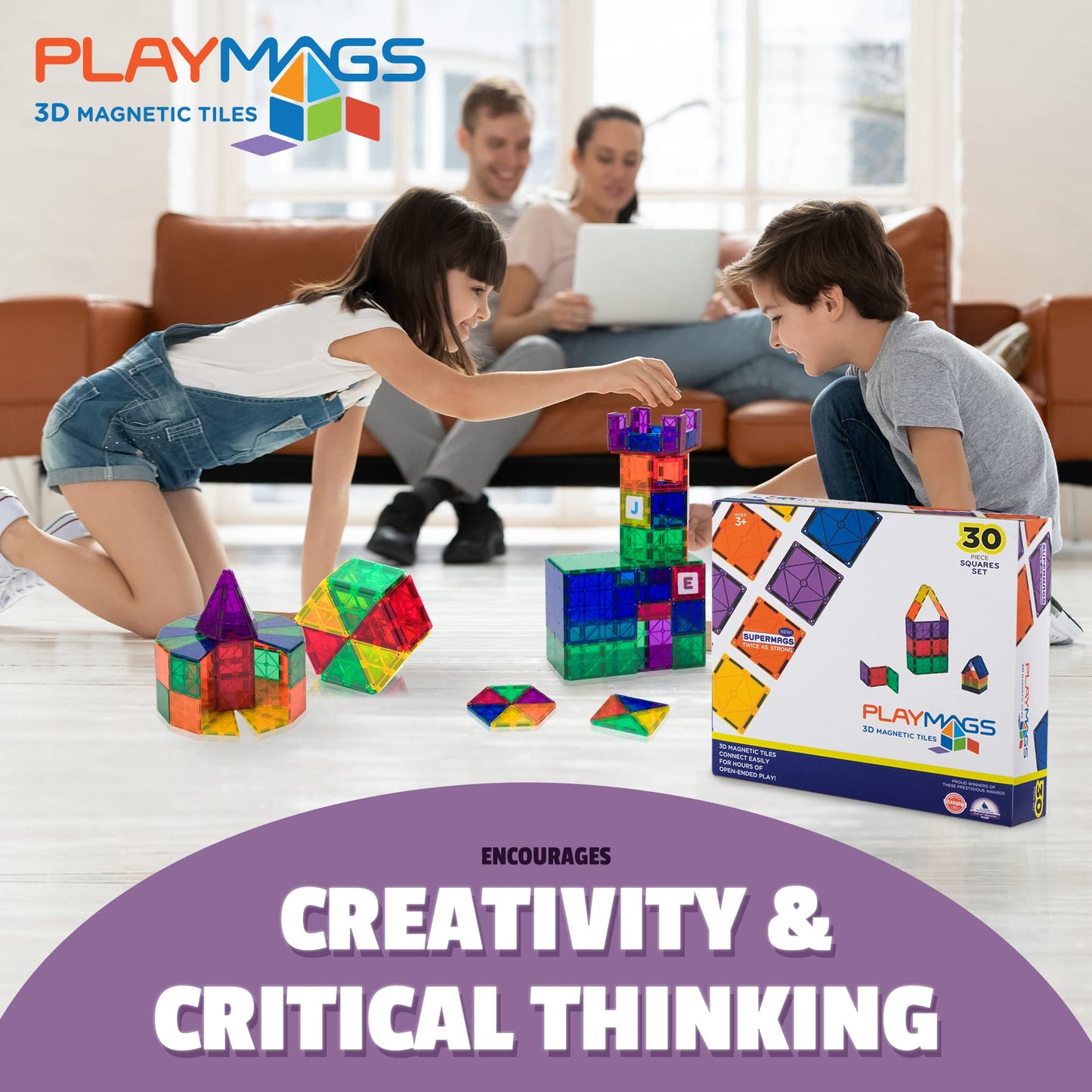 Playmags 30-Piece Magnetic Tiles Expansion Set – Creative Building Blocks for Kids 3+