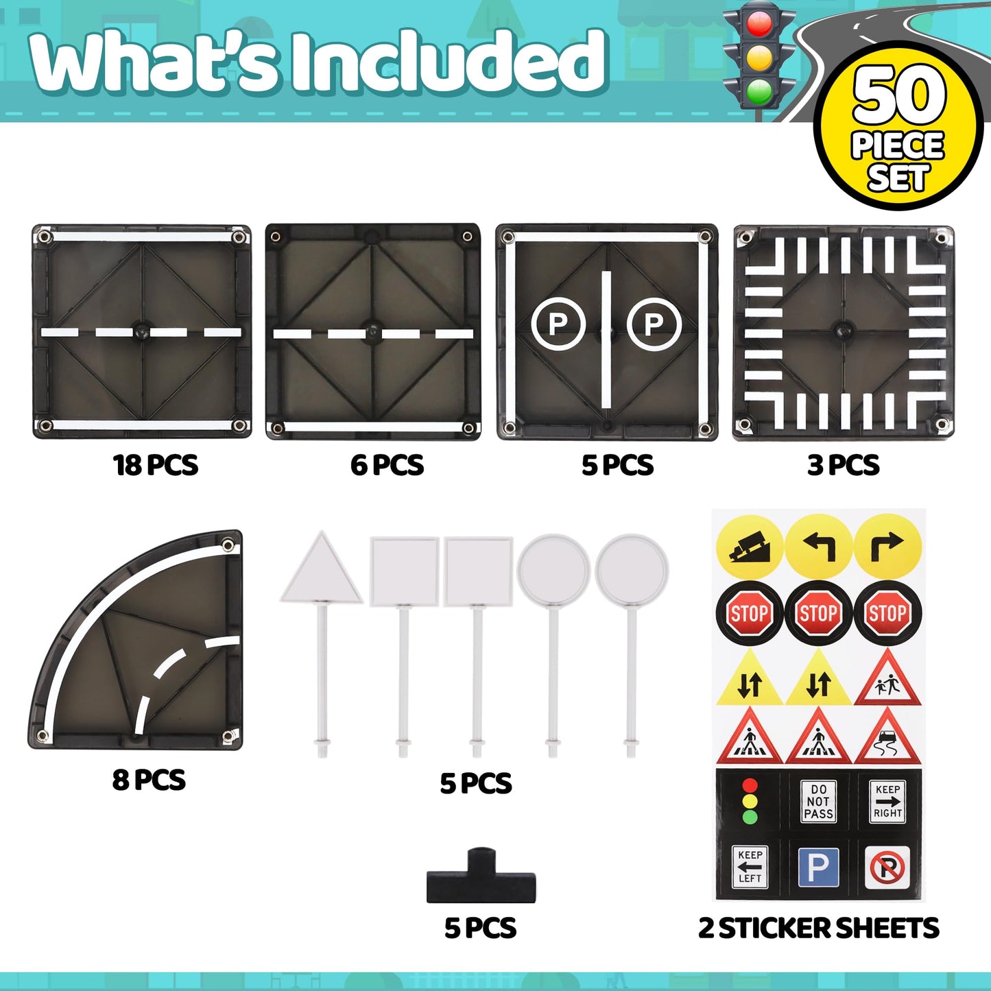 Playmags Magnetic Tile Road Set — 50 Pcs STEM Car Track & Building Tiles