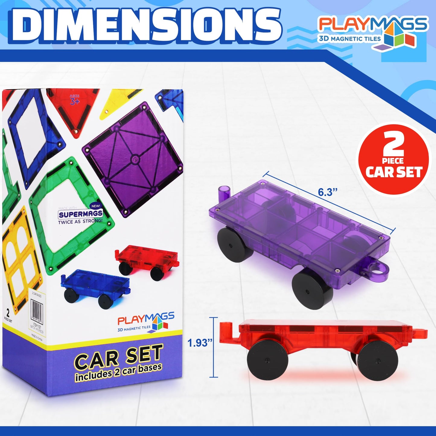 Playmags 2 Piece Car Set – Stronger Magnets, STEM Toy for Kids, Compatible with Magnetic Tiles