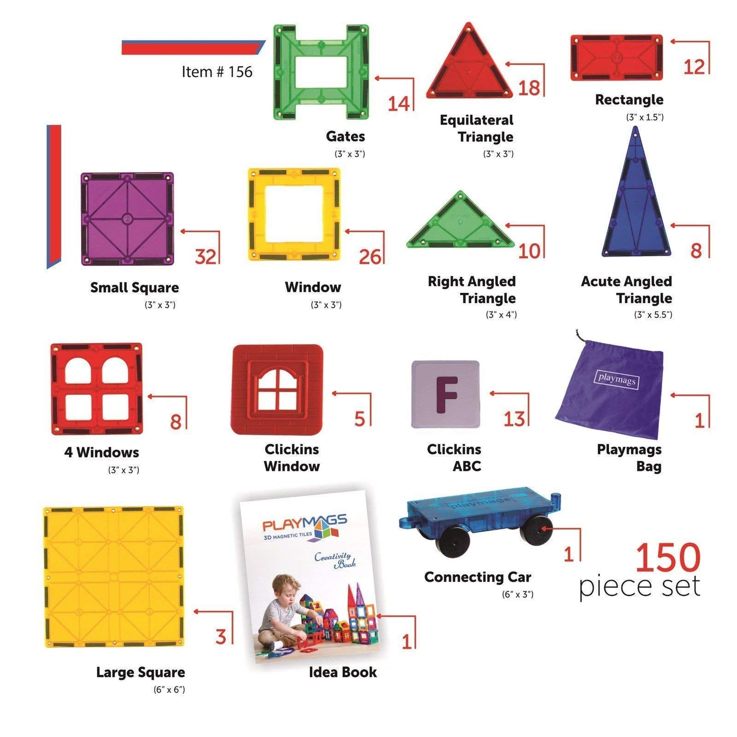 Playmags 150-Piece Magnetic Tiles Building Set – 3D Magnetic Blocks for STEM Learning