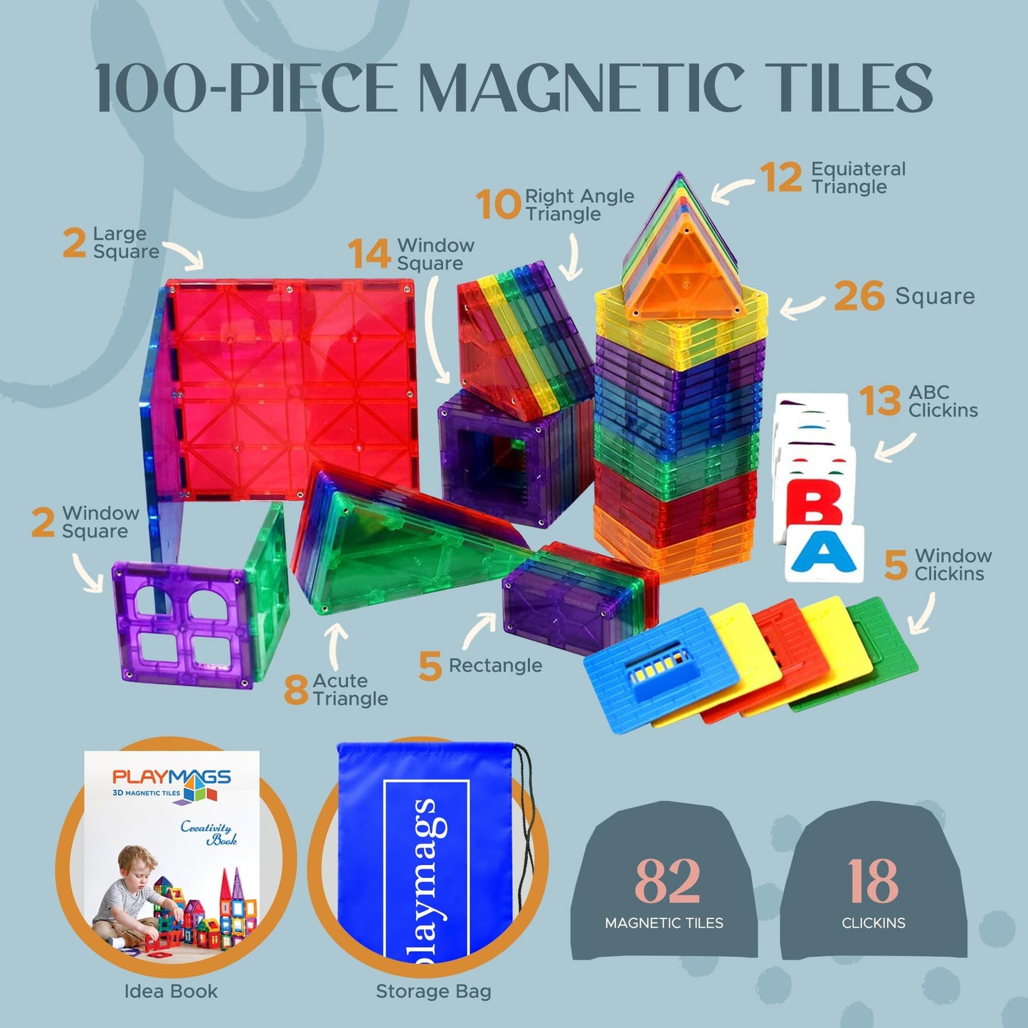Playmags Magnetic Tiles for Kids – 100-Piece STEM Building Set for Toddlers & Preschool