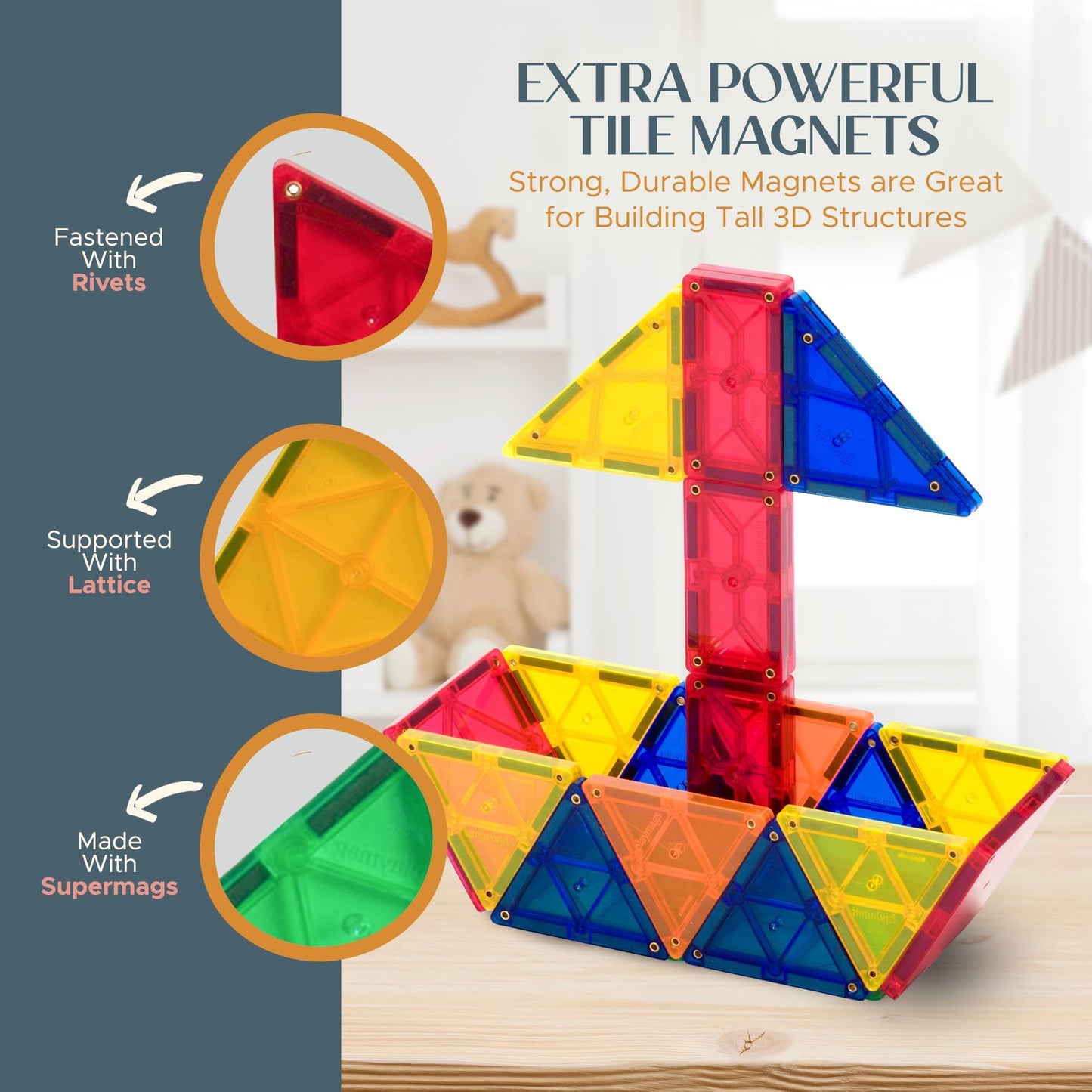 Playmags Magnetic Tiles for Kids – 100-Piece STEM Building Set for Toddlers & Preschool