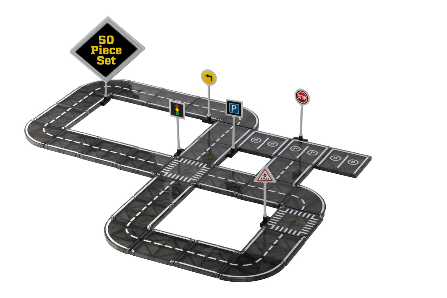 Playmags Magnetic Tile Road Set — 50 Pcs STEM Car Track & Building Tiles