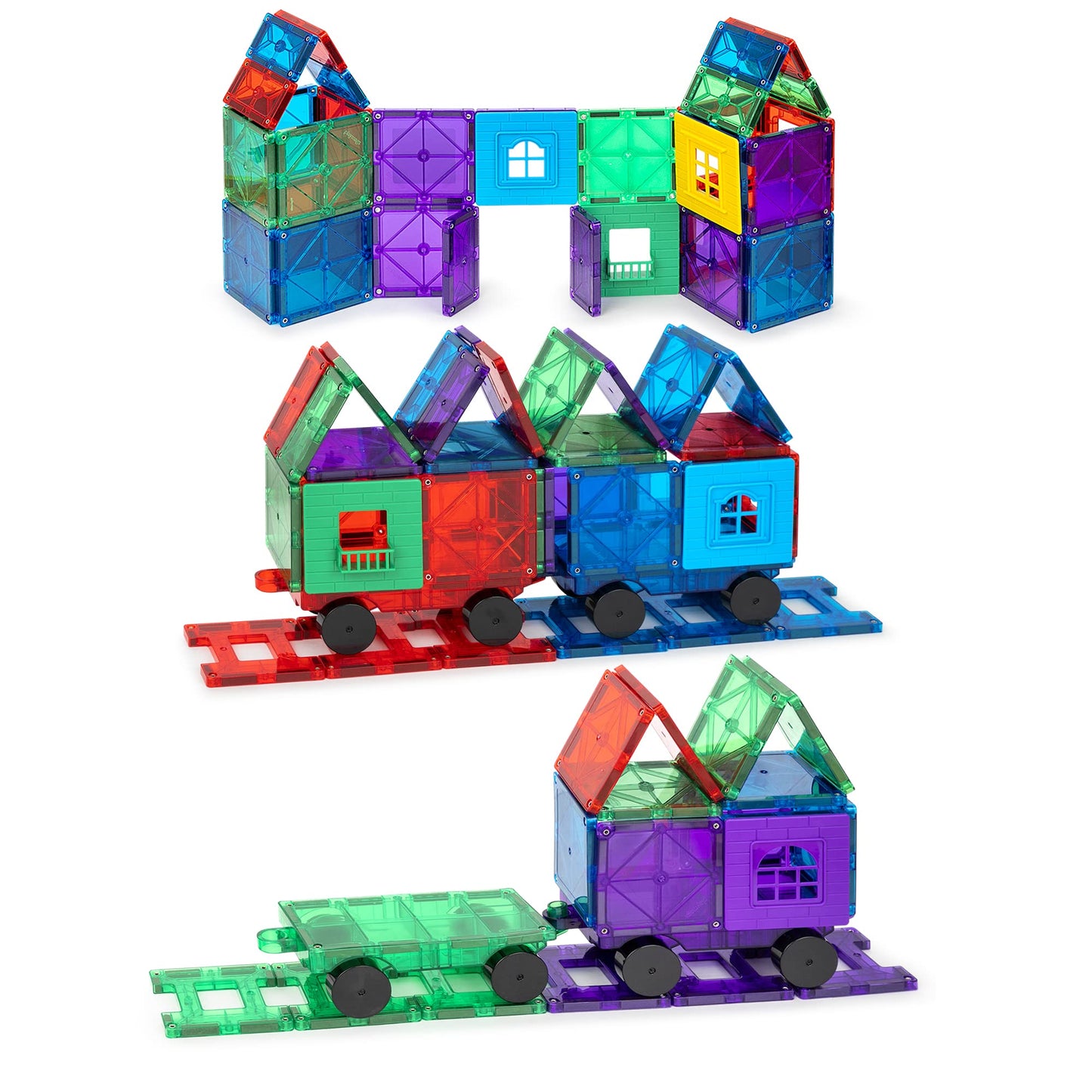 Playmags Magnetic Tiles Train Car Set – 55-Piece STEM Building Blocks with 4 Cars