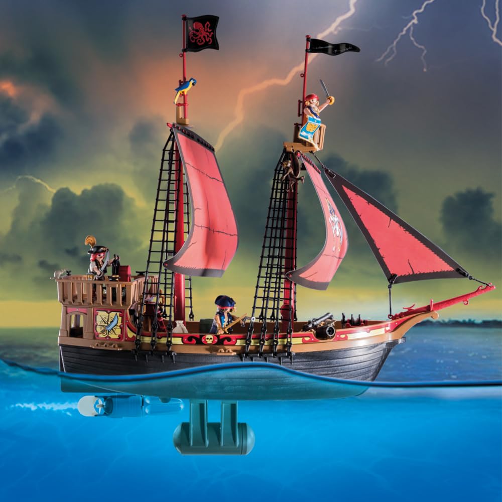 Playmobil 70411 Pirates Large Floating Ship with Cannon – 3 Figures & Anchor Winch