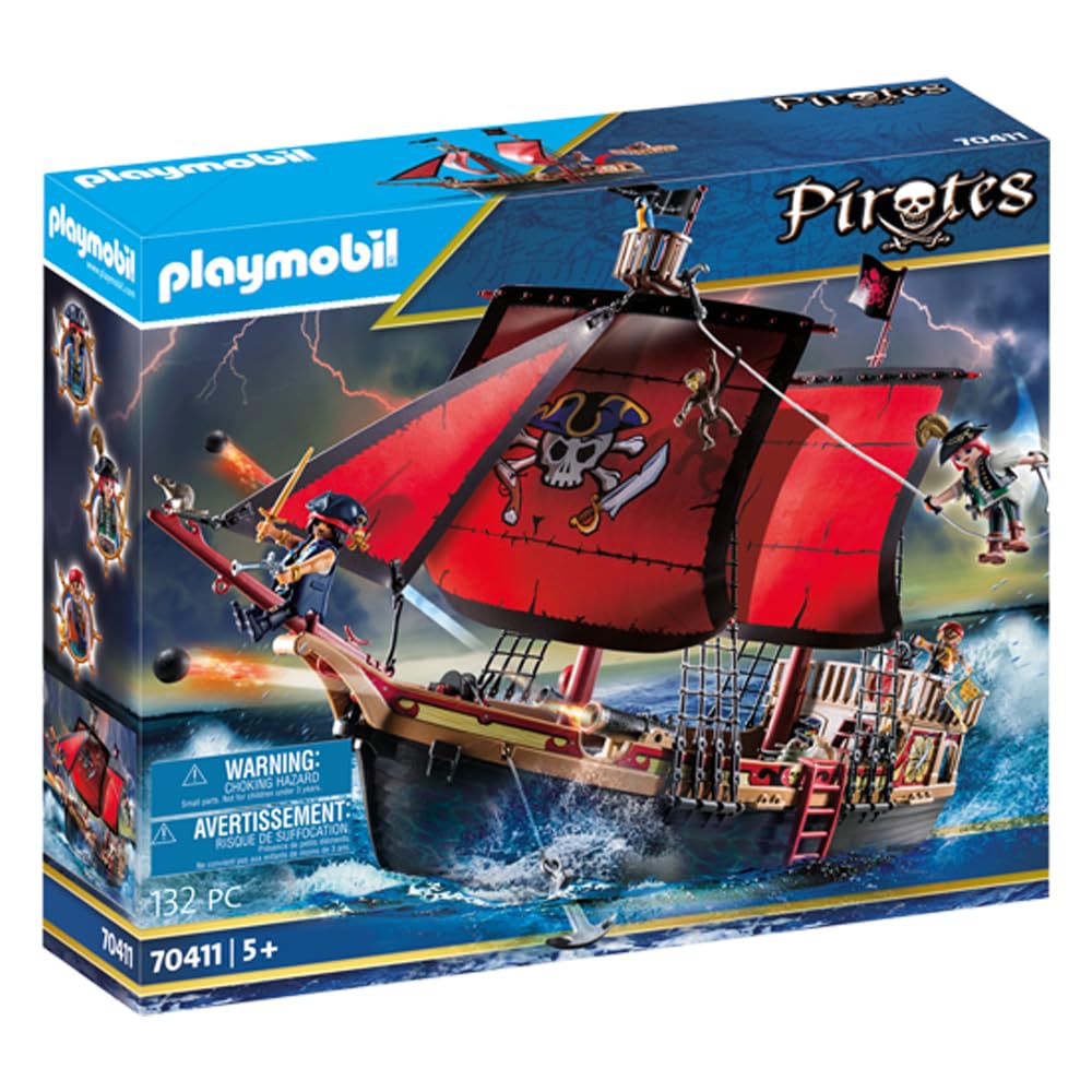 Playmobil 70411 Pirates Large Floating Ship with Cannon – 3 Figures & Anchor Winch