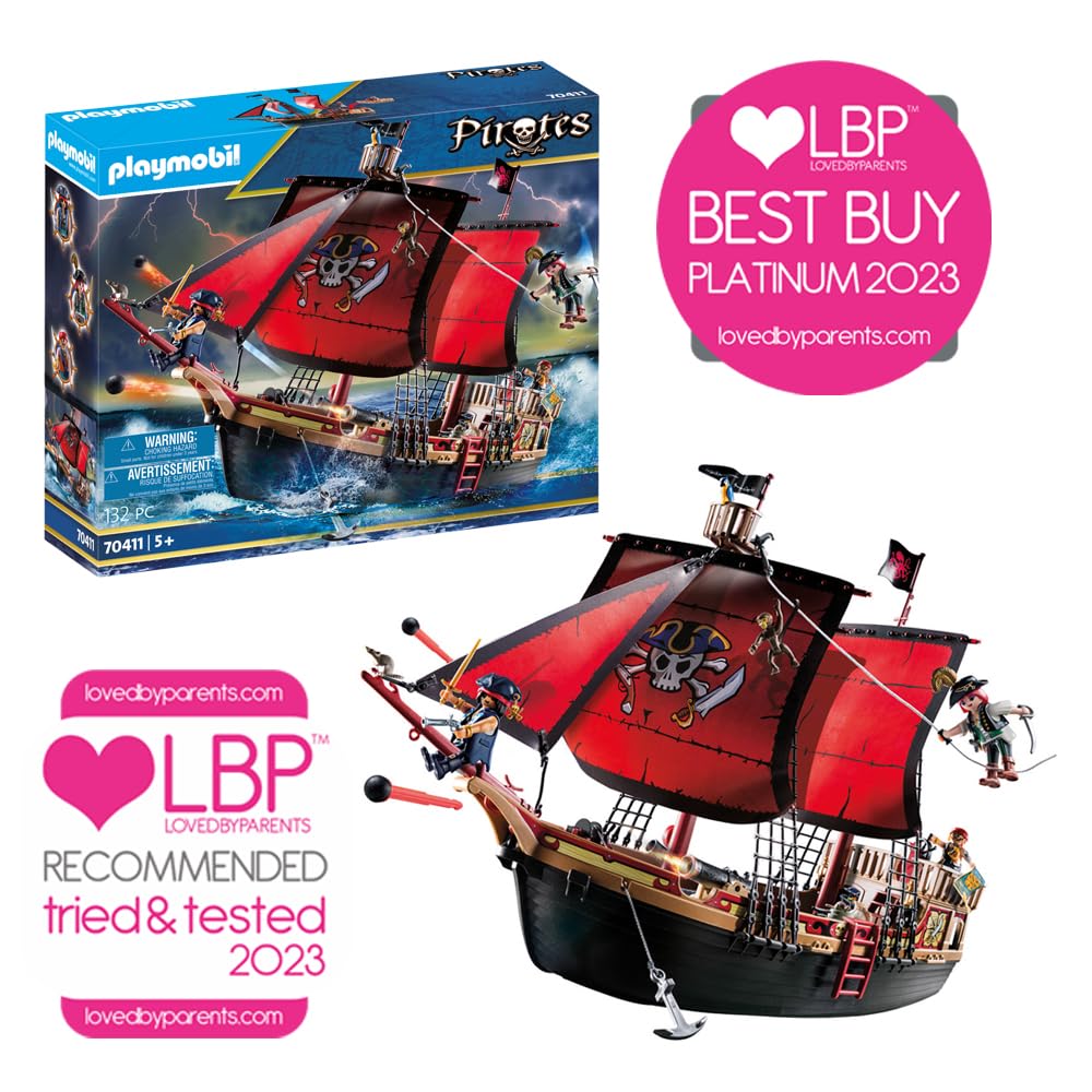 Playmobil 70411 Pirates Large Floating Ship with Cannon – 3 Figures & Anchor Winch