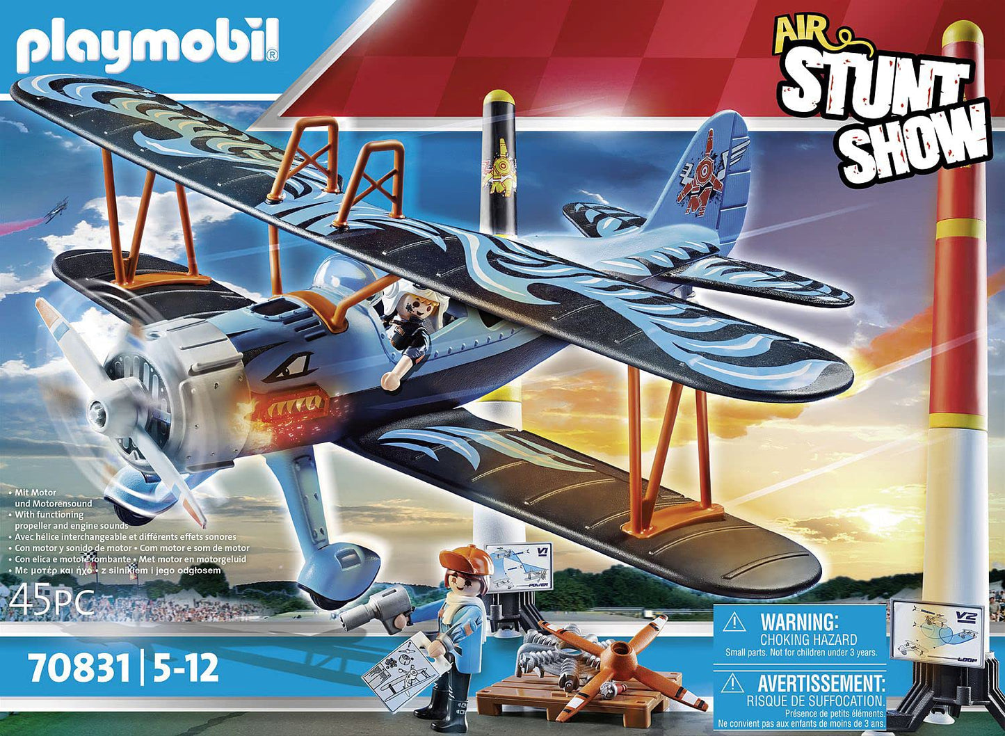 Playmobil Air Stunt Show Phoenix Biplane – Realistic Motorized Propellers & Pylon Stunts