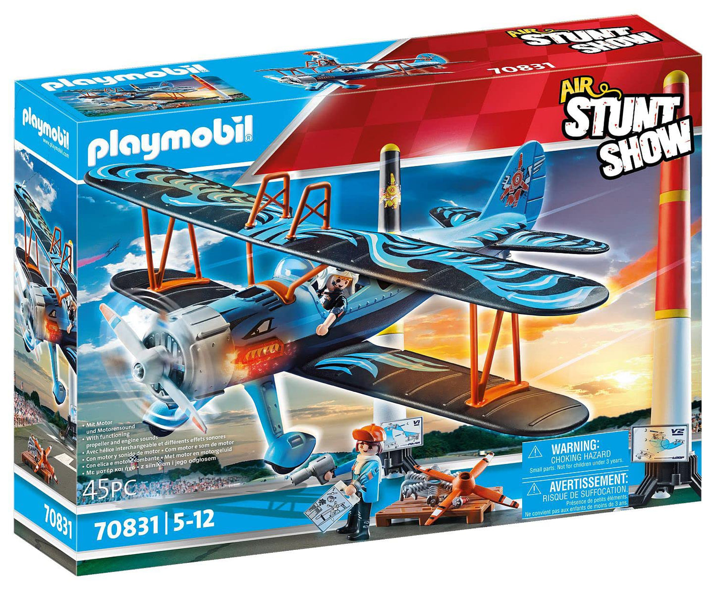 Playmobil Air Stunt Show Phoenix Biplane – Realistic Motorized Propellers & Pylon Stunts