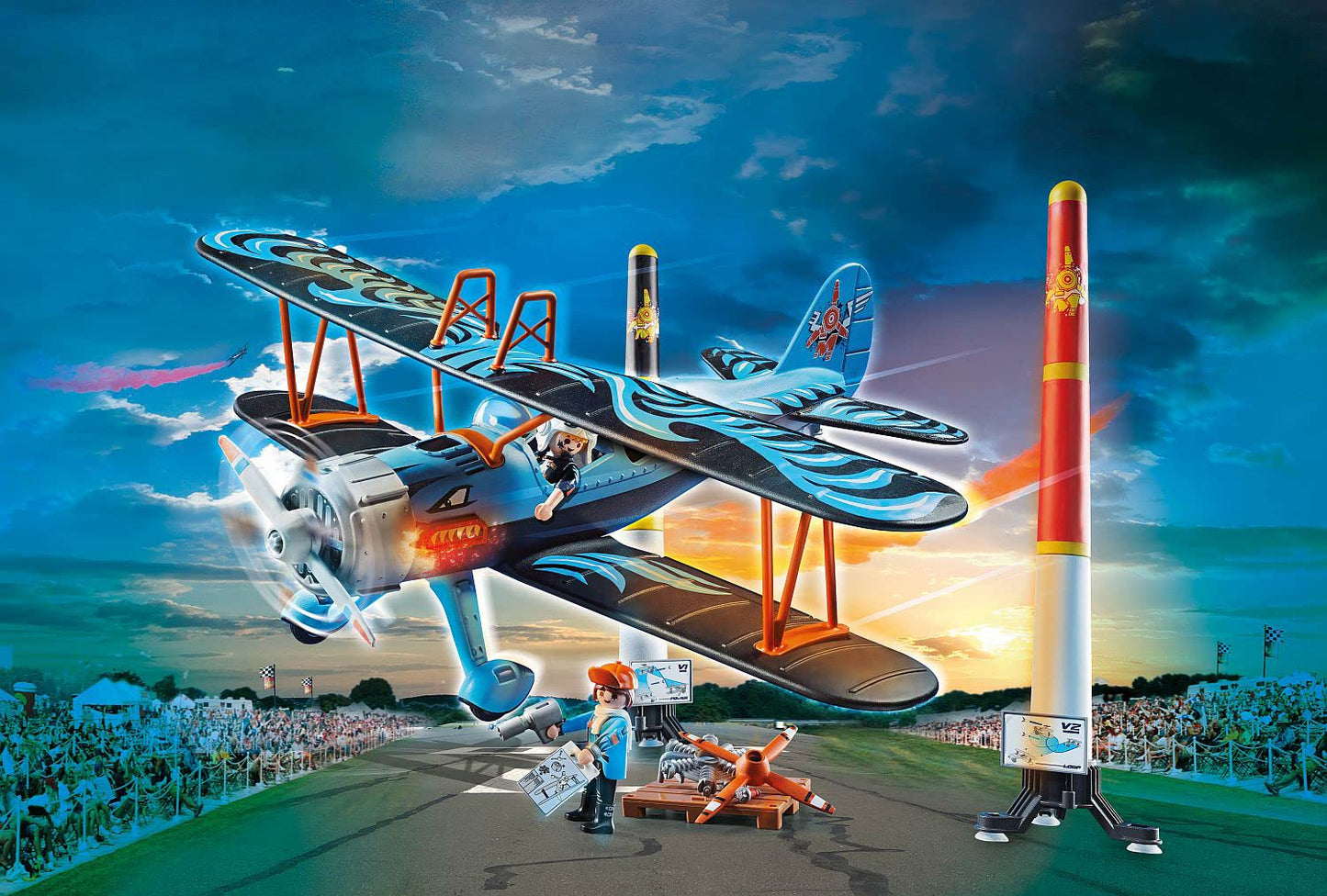 Playmobil Air Stunt Show Phoenix Biplane – Realistic Motorized Propellers & Pylon Stunts