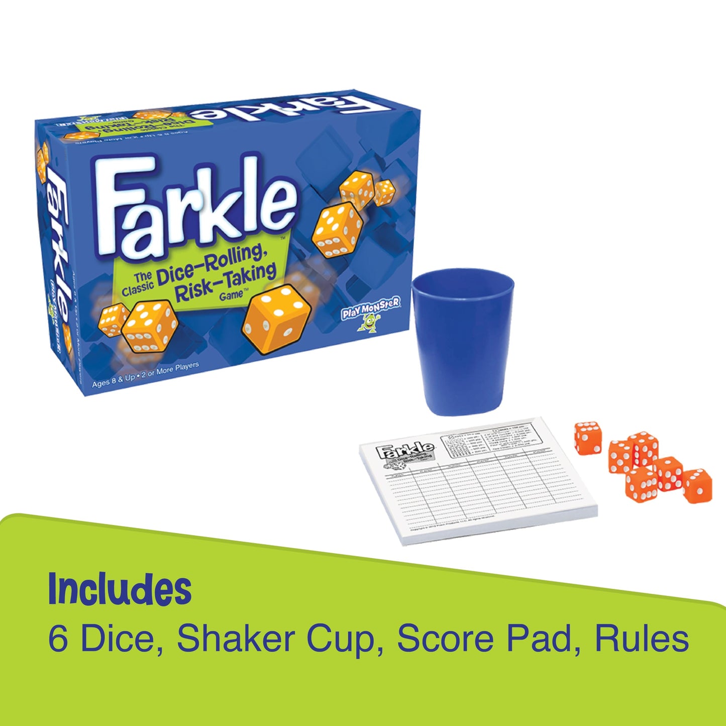 PlayMonster Farkle Classic Dice Games – Family Board Game with Dice Cup & Score Sheets