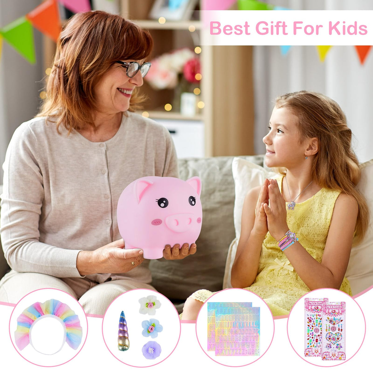 Play Tailor Unicorn Piggy Bank for Girls – Large, Durable, DIY Sticker Kit in Pink Rainbow Dress