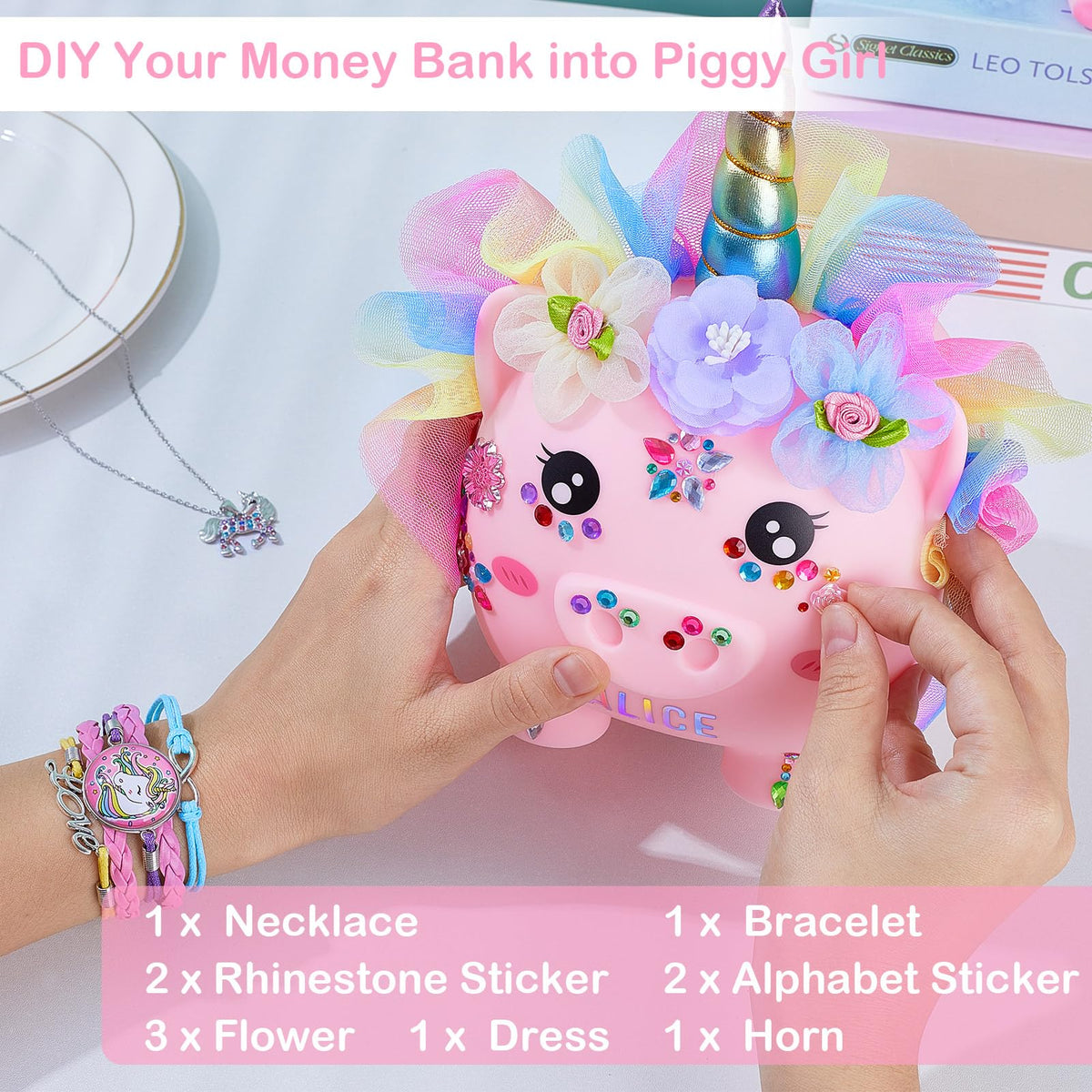 Play Tailor Unicorn Piggy Bank for Girls – Large, Durable, DIY Sticker Kit in Pink Rainbow Dress