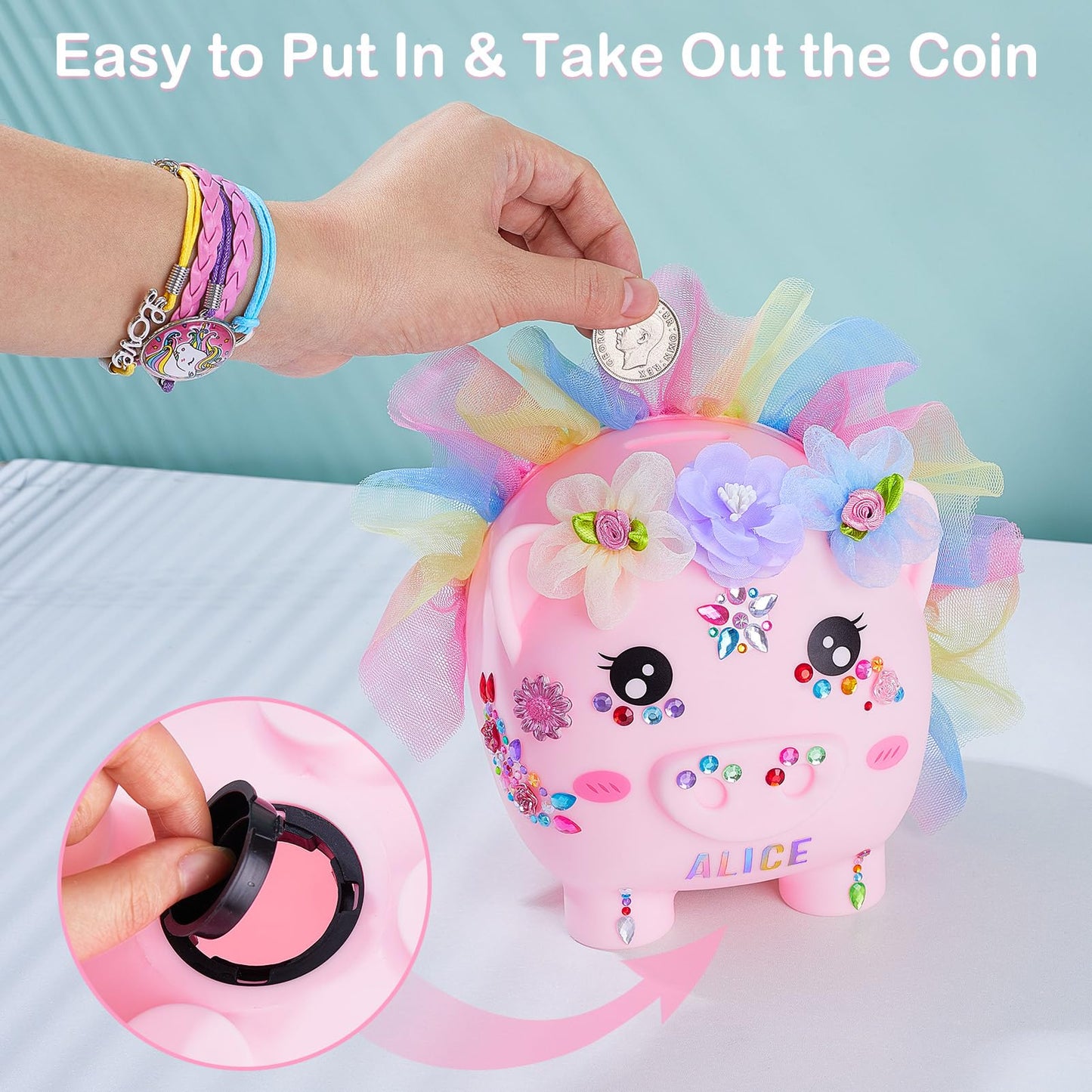 Play Tailor Unicorn Piggy Bank for Girls – Large, Durable, DIY Sticker Kit in Pink Rainbow Dress
