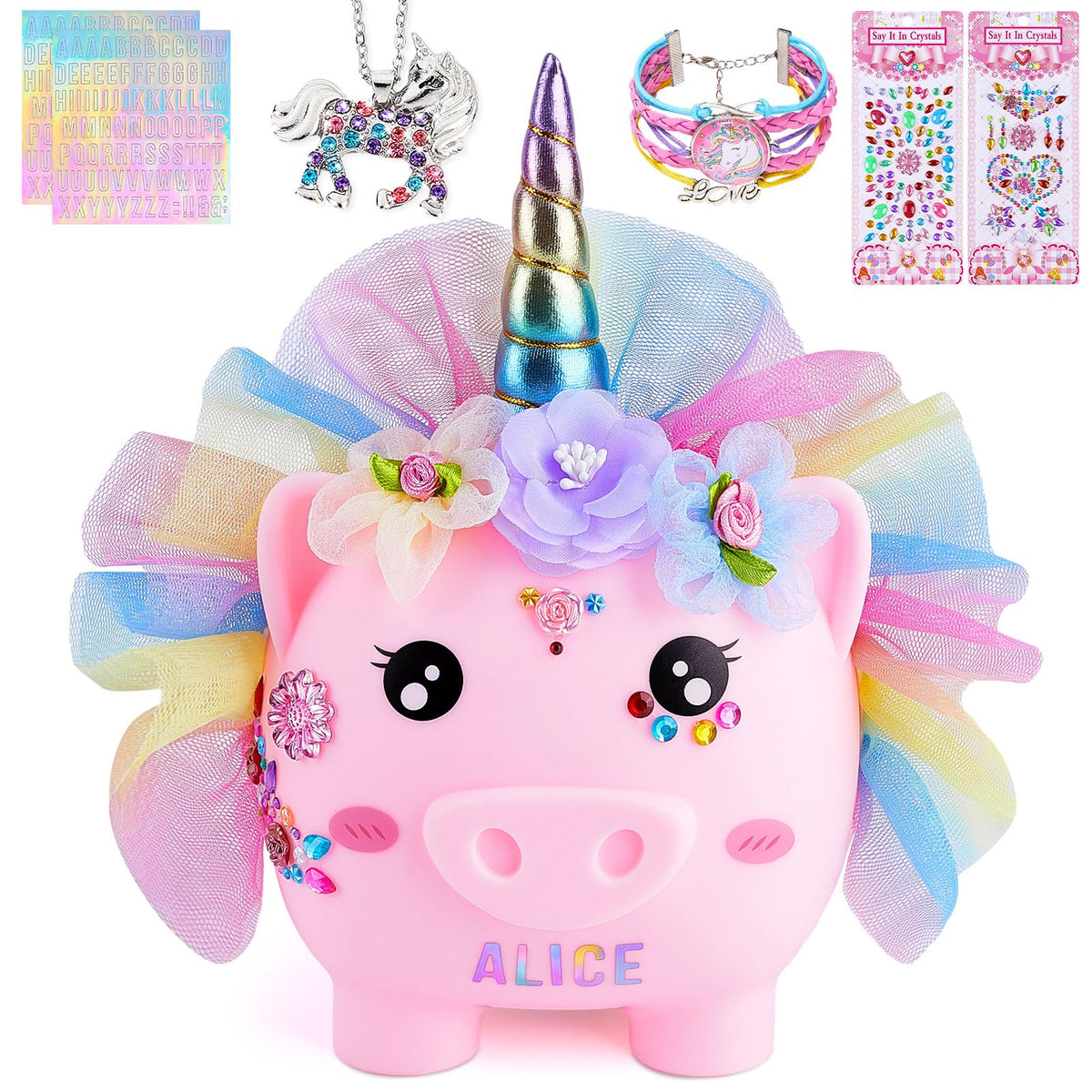 Play Tailor Unicorn Piggy Bank for Girls – Large, Durable, DIY Sticker Kit in Pink Rainbow Dress