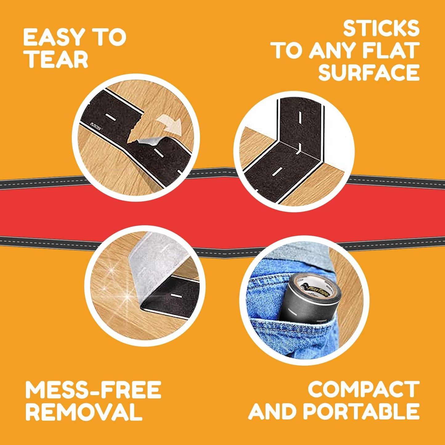 PlayTape Road Tape & Curves for Toy Cars – 30 ft Asphalt Road + 36 Curves