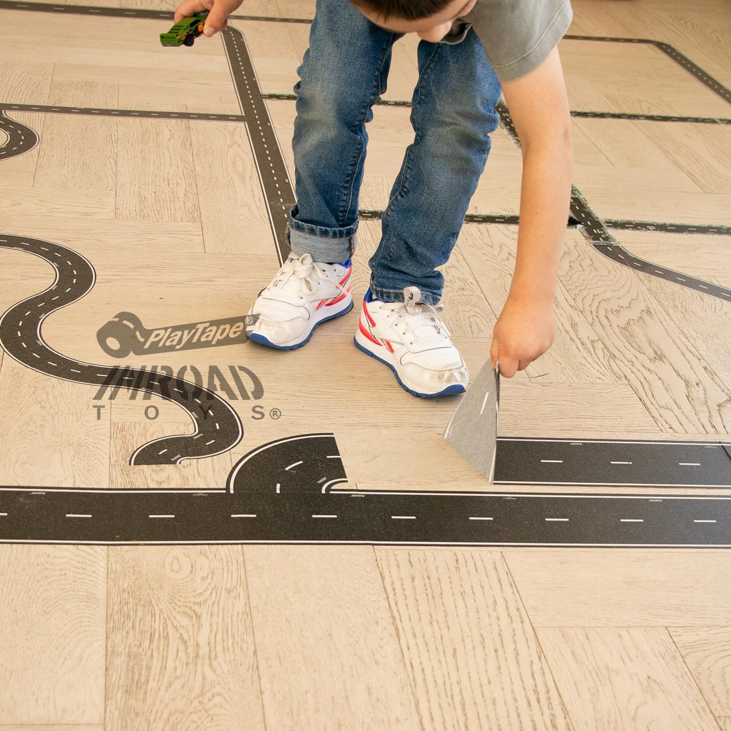 PlayTape Road Tape & Curves for Toy Cars – 30 ft Asphalt Road + 36 Curves