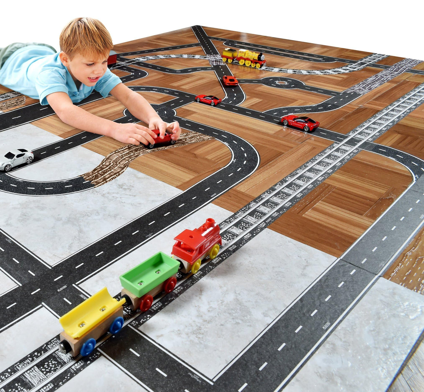 PlayTape Road Tape & Curves for Toy Cars – 30 ft Asphalt Road + 36 Curves