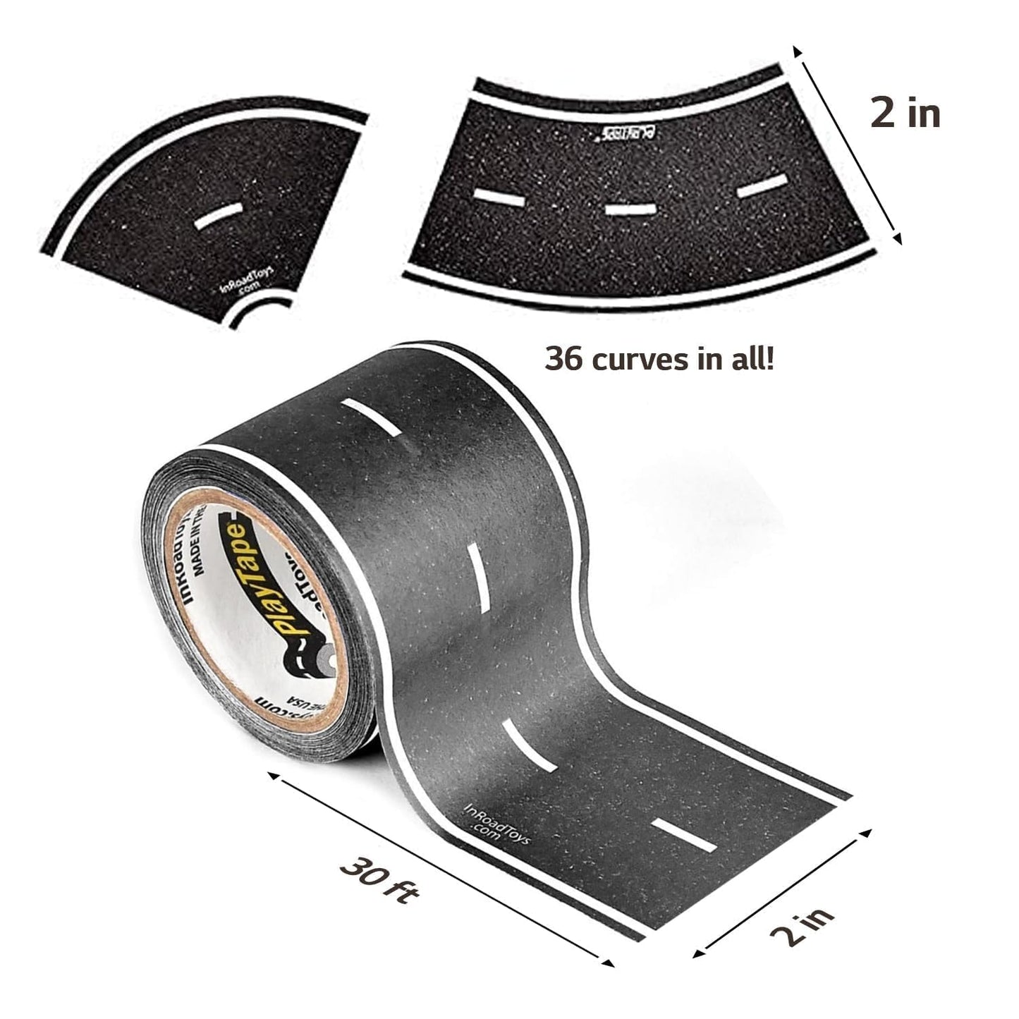 PlayTape Road Tape & Curves for Toy Cars – 30 ft Asphalt Road + 36 Curves