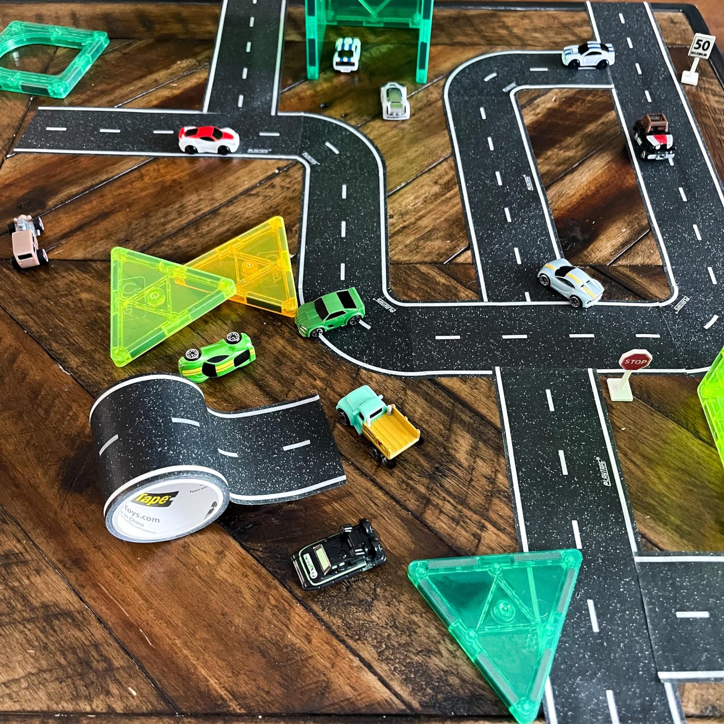 PlayTape Road Tape & Curves for Toy Cars – 30 ft Asphalt Road + 36 Curves