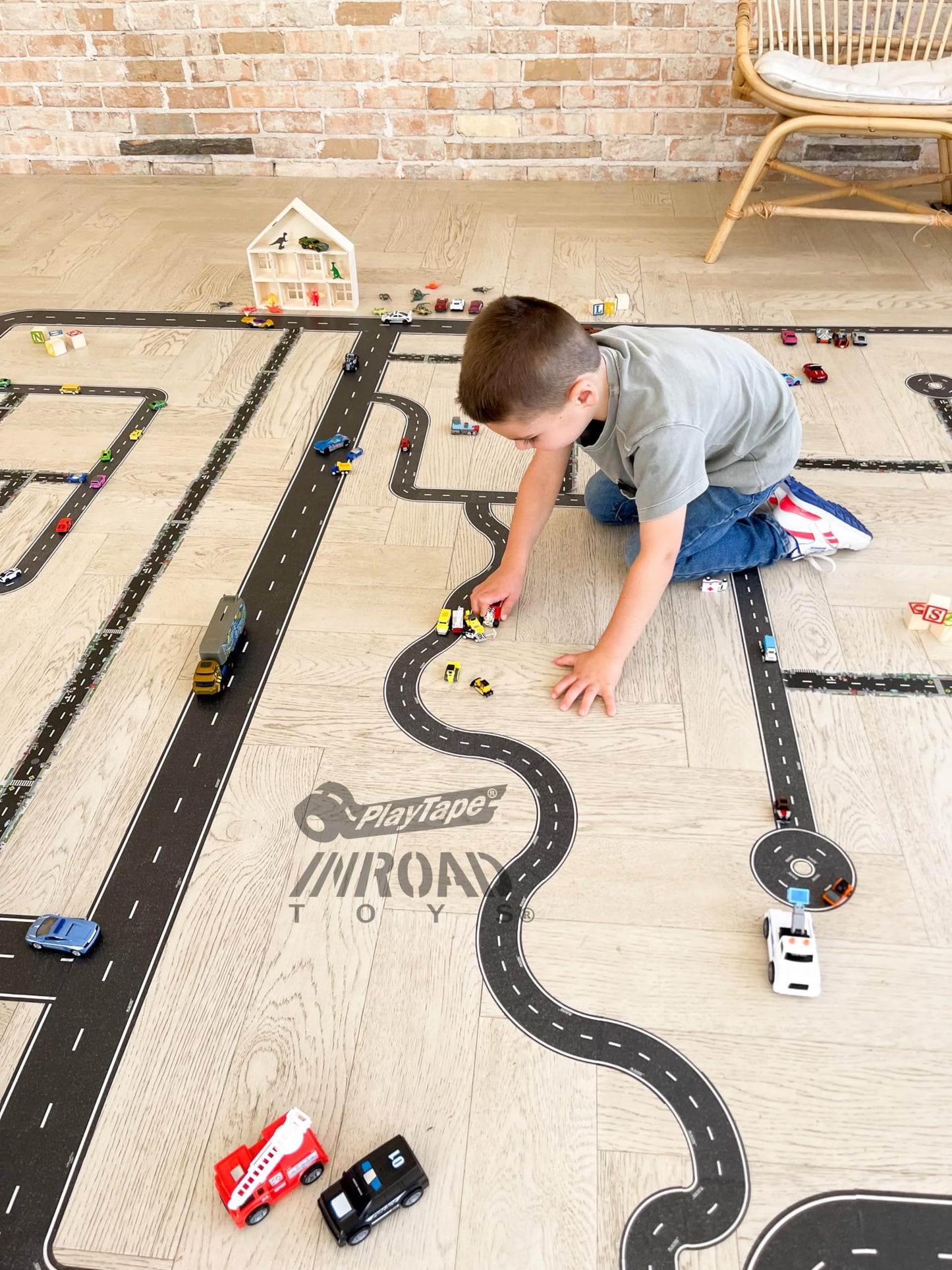 PlayTape Road Tape & Curves for Toy Cars – 30 ft Asphalt Road + 36 Curves