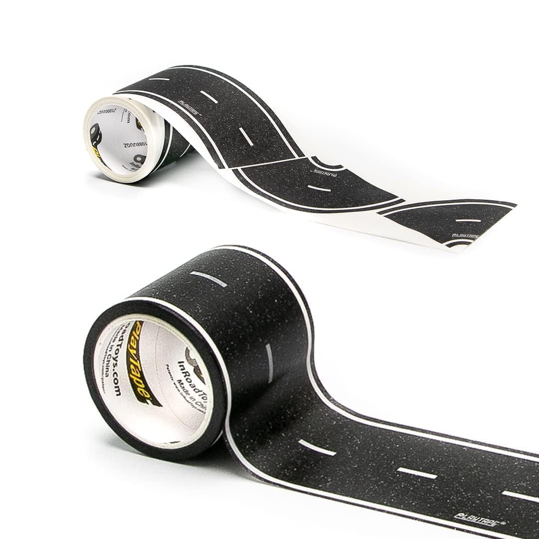 PlayTape Road Tape & Curves for Toy Cars – 30 ft Asphalt Road + 36 Curves