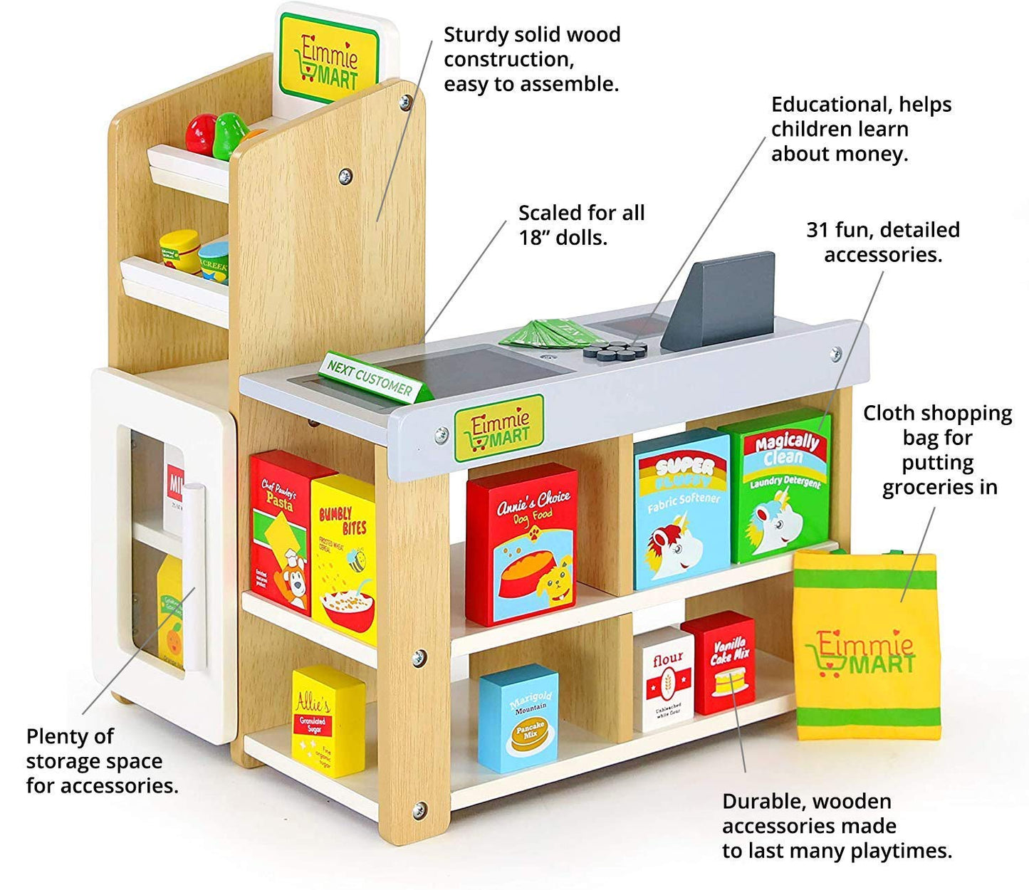 Playtime by Eimmie 18-Inch Doll Grocery Store Set | Wooden Playset with 25+ Accessories