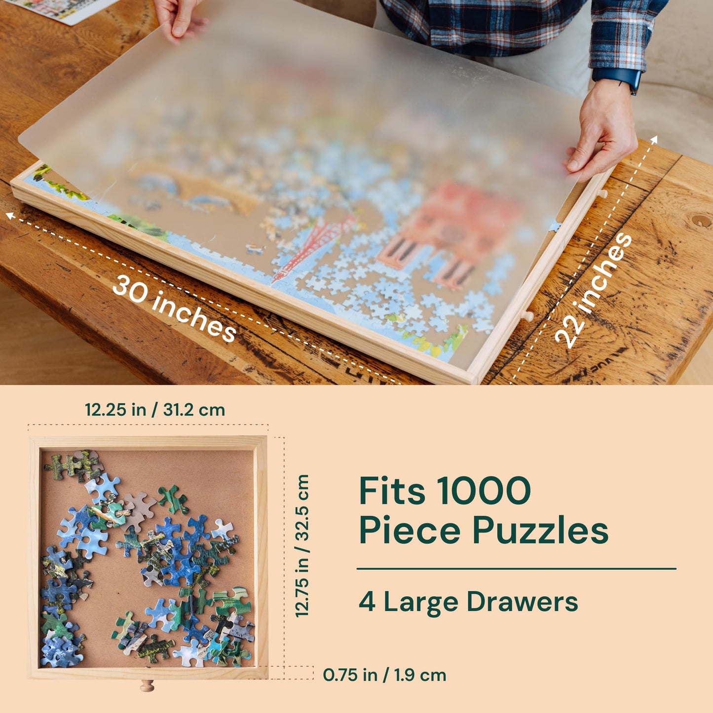 PlayVibe 1000-Piece Rotating Puzzle Board with Drawers and Cover – 22x30 Inch Wood Puzzle Table