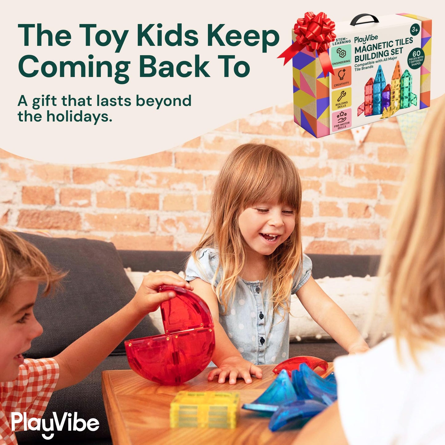 PLAYVIBE Magnetic Tiles - 60-Piece Multicolor STEM Toy Set
