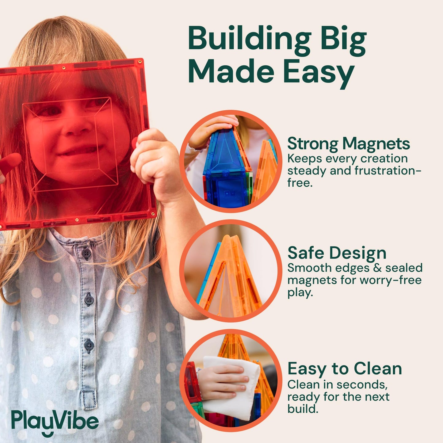 PLAYVIBE Magnetic Tiles - 60-Piece Multicolor STEM Toy Set