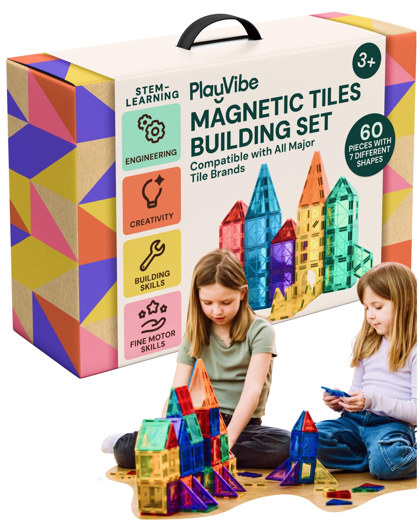 PLAYVIBE Magnetic Tiles - 60-Piece Multicolor STEM Toy Set