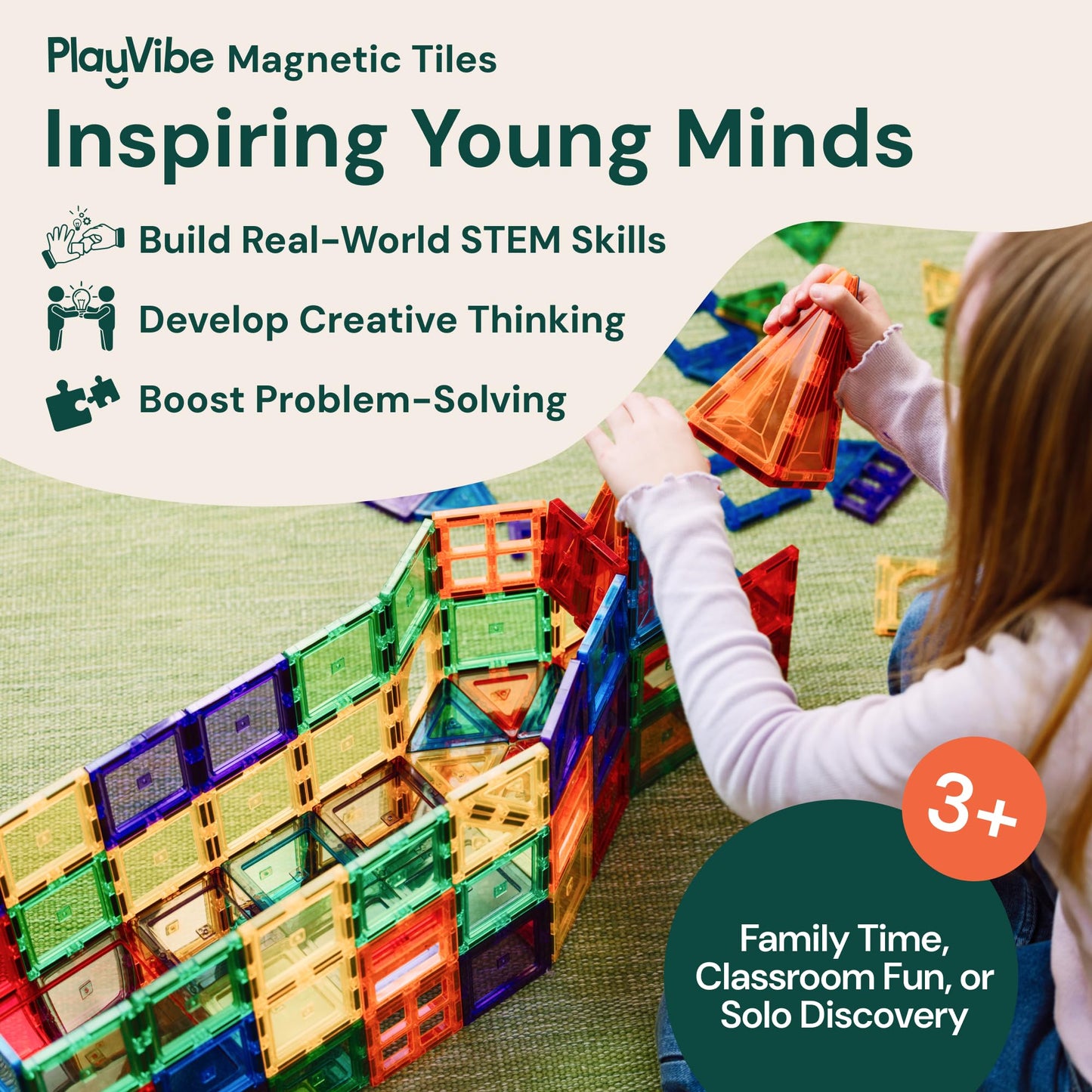 PLAYVIBE Magnetic Tiles - 60-Piece Multicolor STEM Toy Set