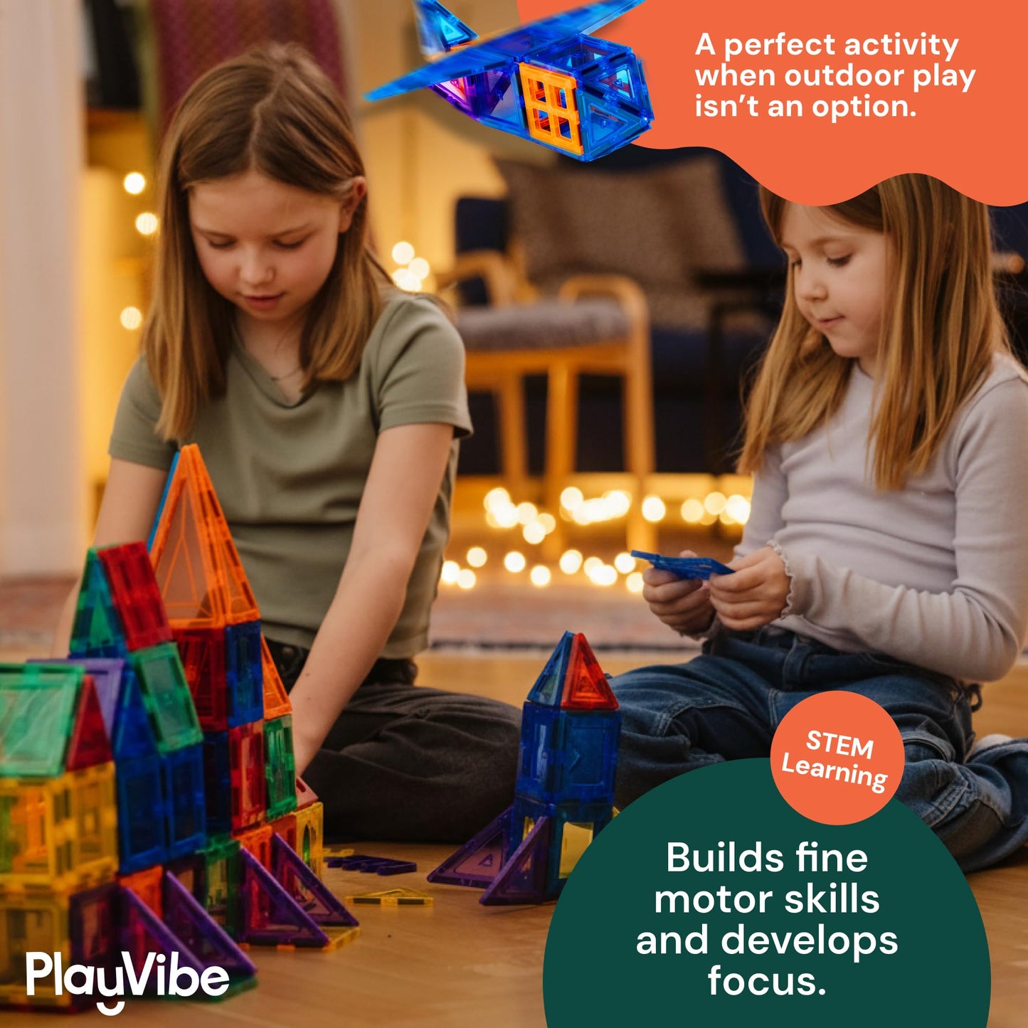 PLAYVIBE Magnetic Tiles - 60-Piece Multicolor STEM Toy Set