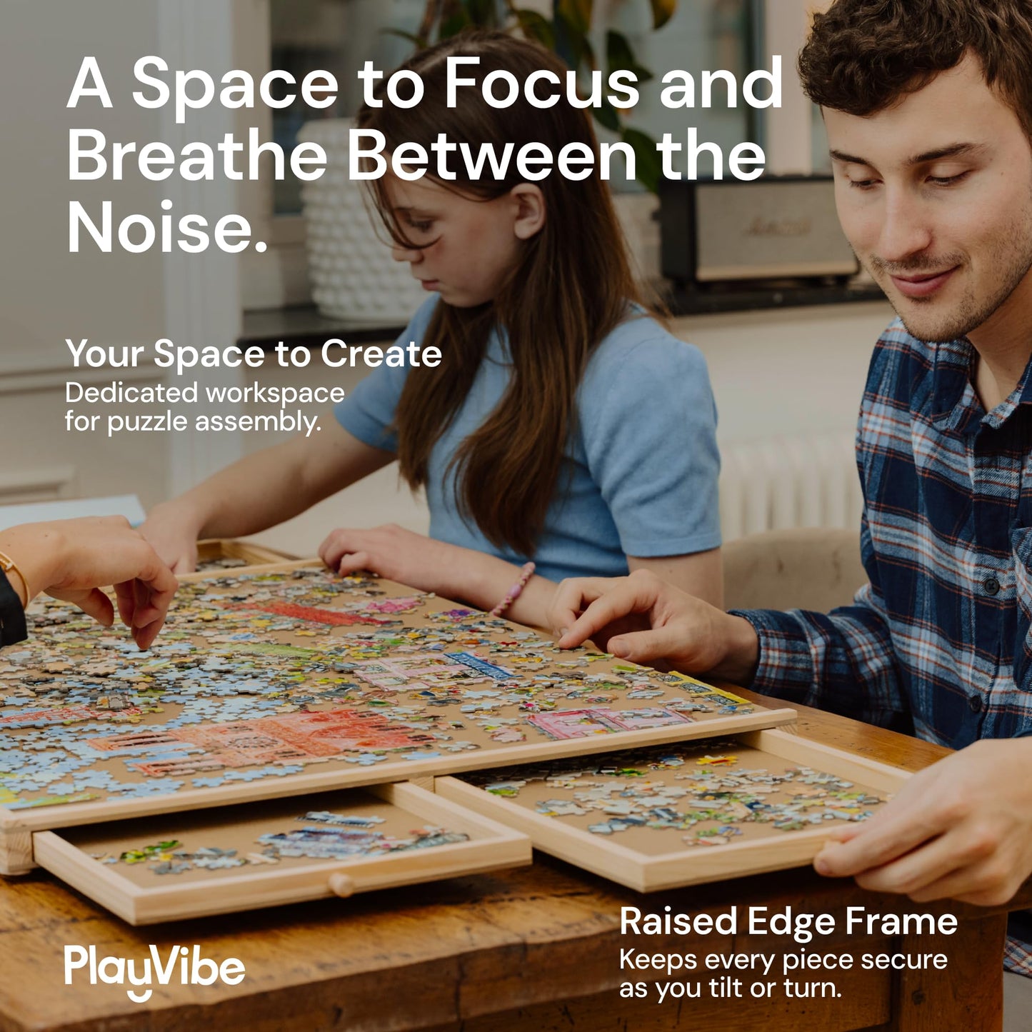 PlayVibe 1000-Piece Rotating Puzzle Board with Drawers and Cover – 22x30 Inch Wood Puzzle Table